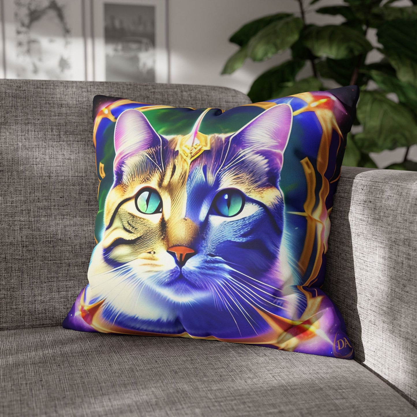 Divine Arts Faux Suede Double-Sided Square Pillow Case - Fantasy Galaxy Space Cat Lover Male Gray & Brown Tabby Cat with Green Eyes with Blue, Green & Orange Aura and Ornate Light Blue and Purple Crystal Collar Merkaba Pillow Cover in Four Sizes