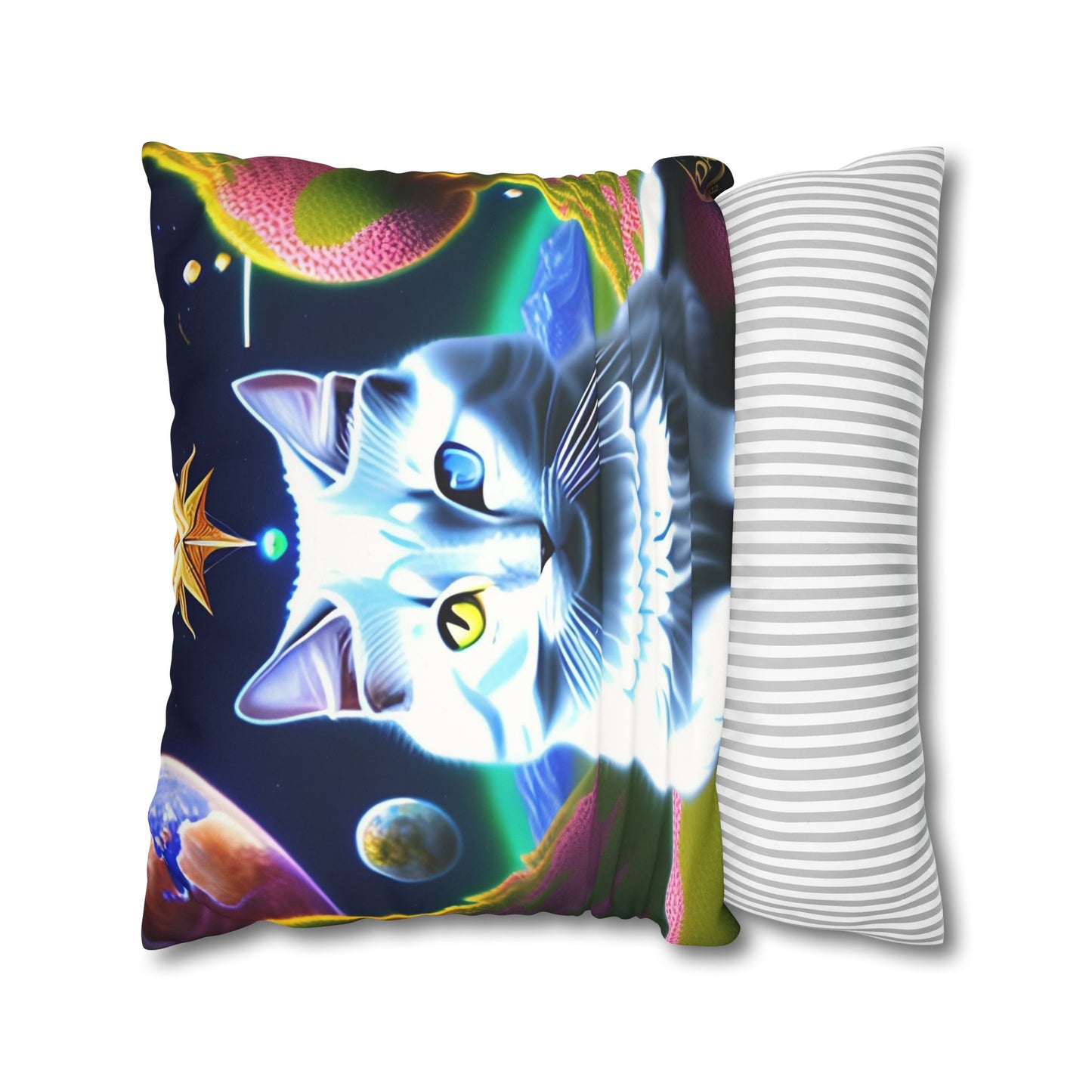 Divine Arts Faux Suede Double-Sided Square Pillow Case in Four Sizes - Fantasy Galaxy Space Cat Lover Portrait of White Female Cat With Yellow & Blie Heterochromia Eyes In Space Amidssr Blue & Pink Cosmic Swirls Meditating in Trance On A Golden Merkaba