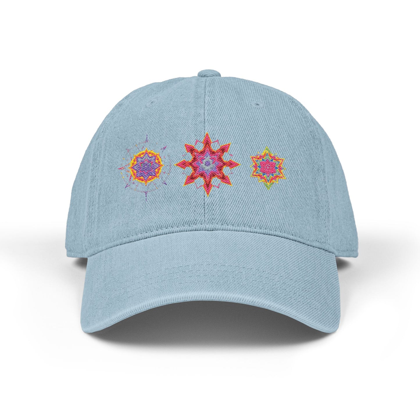 Denim Cap (Embroidery), 100% Cotton, Three Unique Embroidery Merkabas, Neon Galaxy Starry Light, Lotus Jewel Design by Divine Arts