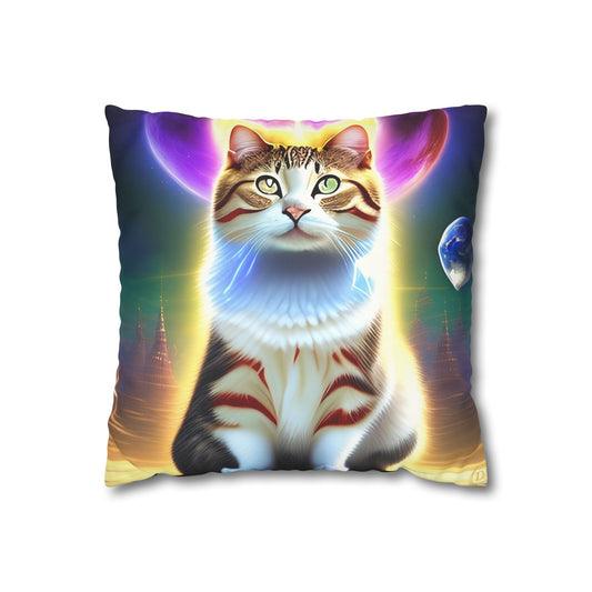 Divine Arts Faux Suede Double-Sided Square Pillow Case - Fantasy Galaxy Space Cat Lover Female Brown and White Tabby Cat with Heterochromia and a Bright Yellow & Purple Aura Spiritual Pillow Cover in Four Sizes