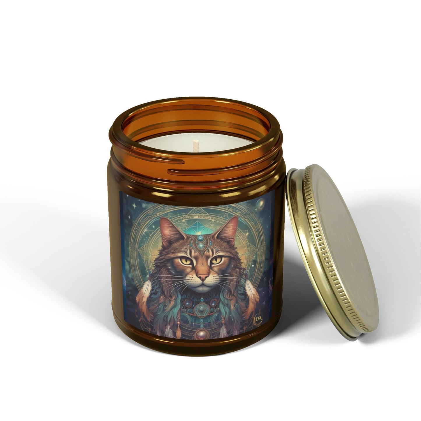 Premium Coconut Apricot Wax Scented Candles, Various Floral & Spice Fragrances (4oz), Spiritual Christmas Holiday Cat Lover Pet Gift, Brown Tabby Cat Galaxy Space Fantasy Tribal Art, by Divine Arts