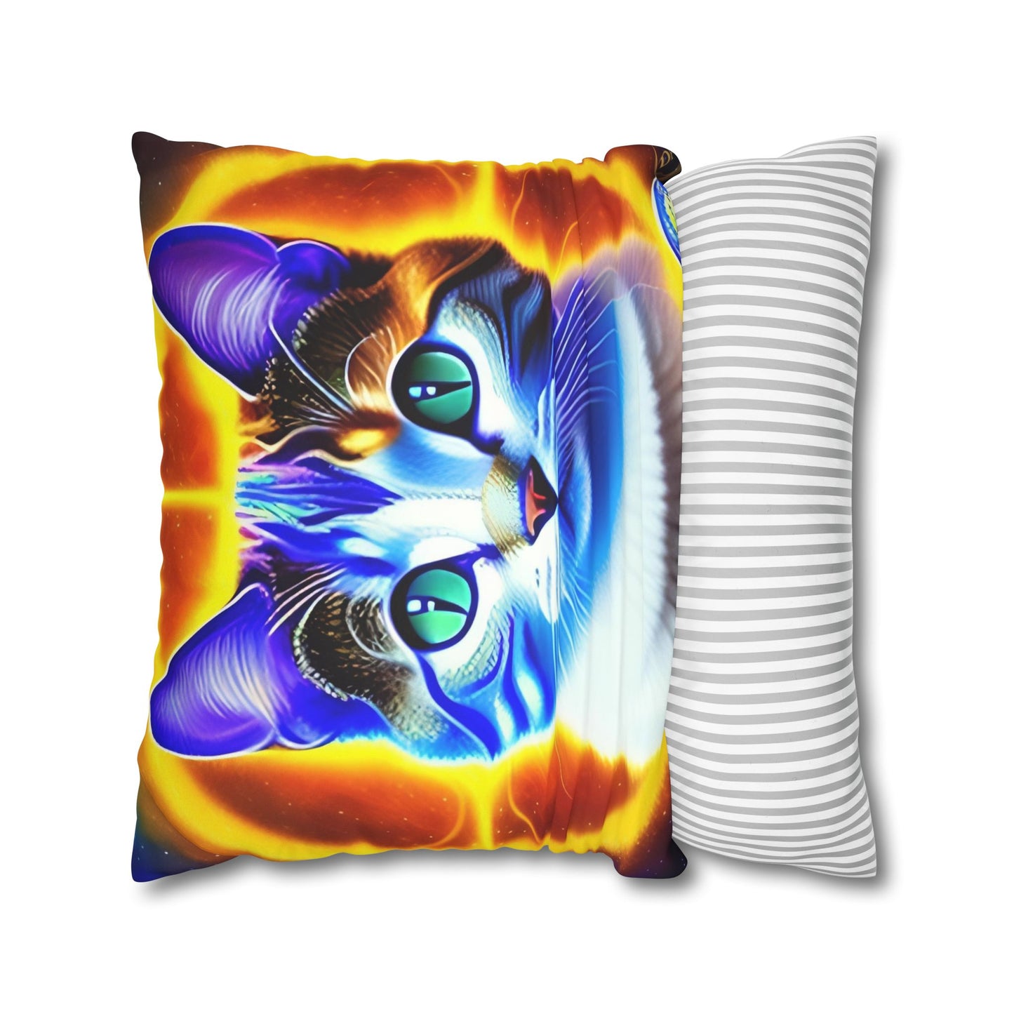 Divine Arts Faux Suede Double-Sided Square Pillow Case - Fantasy Galaxy Space Cat Lover Large Close Up View of the Face of a Female Brown Tabby Cat with Green Eyes With a Pulsing Yellow Orange Aura From Weilding the Merkaba Pillow Cover in Four Sizes