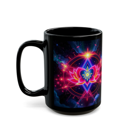 Black Ceramic Mug 15 oz — Vibrant Sacred Heart Sacred Geometry Light Body Merkaba Coffee Cup by Divine Arts