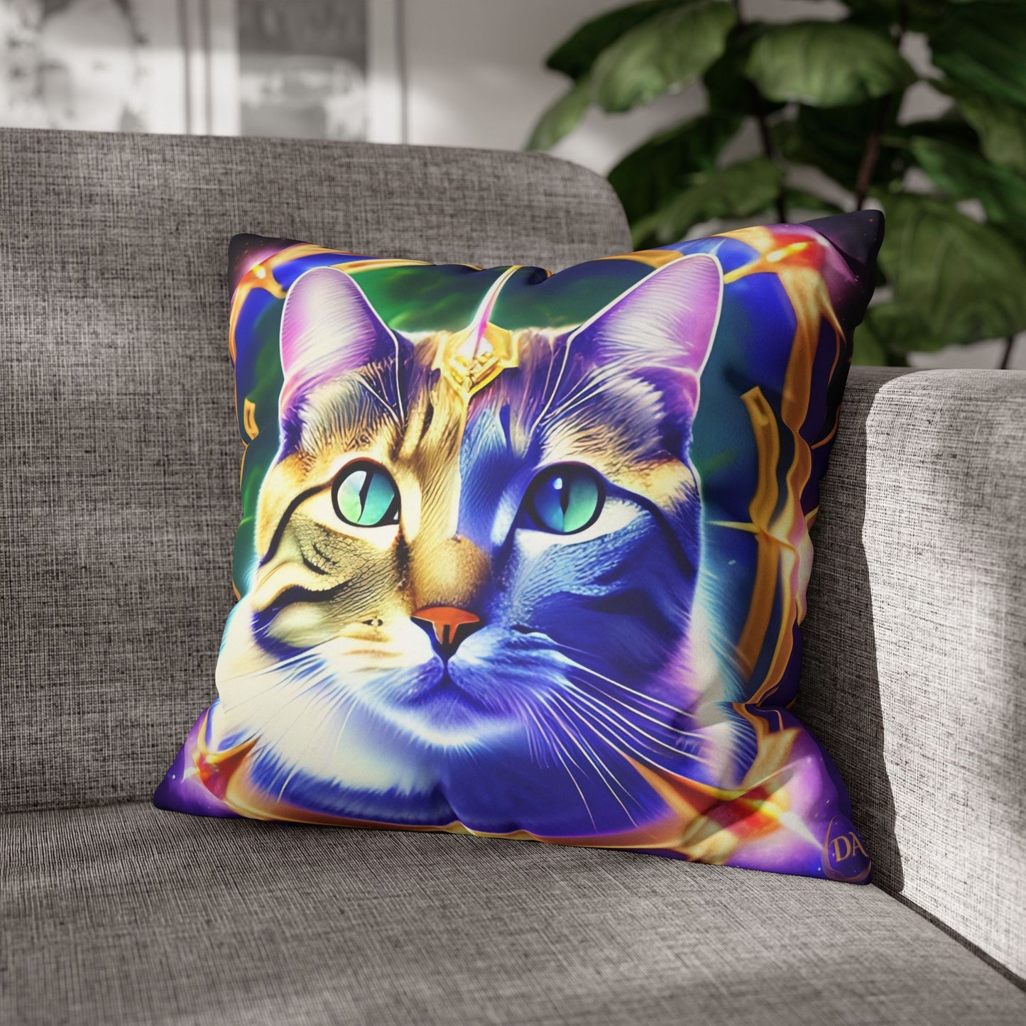 Divine Arts Faux Suede Double-Sided Square Pillow Case - Fantasy Galaxy Space Cat Lover Male Gray & Brown Tabby Cat with Green Eyes with Blue, Green & Orange Aura and Ornate Light Blue and Purple Crystal Collar Merkaba Pillow Cover in Four Sizes