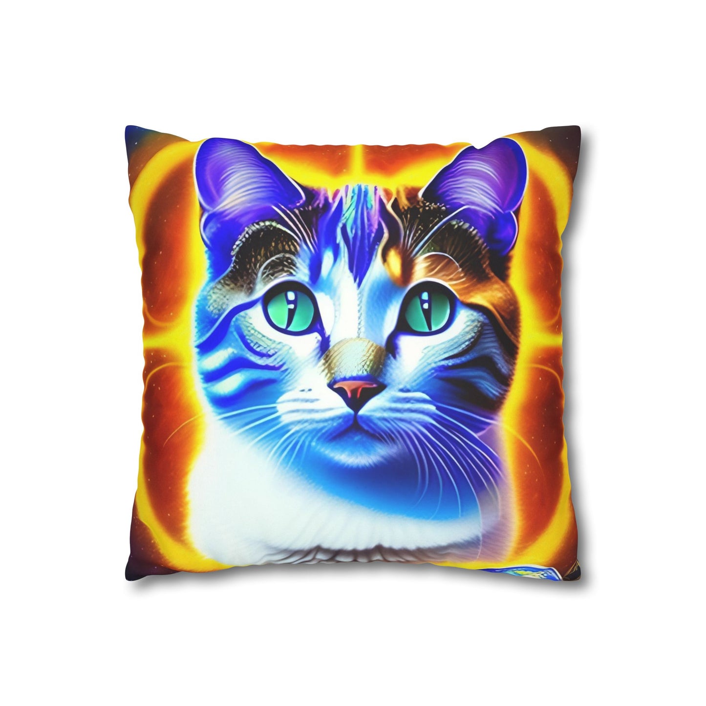 Divine Arts Faux Suede Double-Sided Square Pillow Case - Fantasy Galaxy Space Cat Lover Large Close Up View of the Face of a Female Brown Tabby Cat with Green Eyes With a Pulsing Yellow Orange Aura From Weilding the Merkaba Pillow Cover in Four Sizes