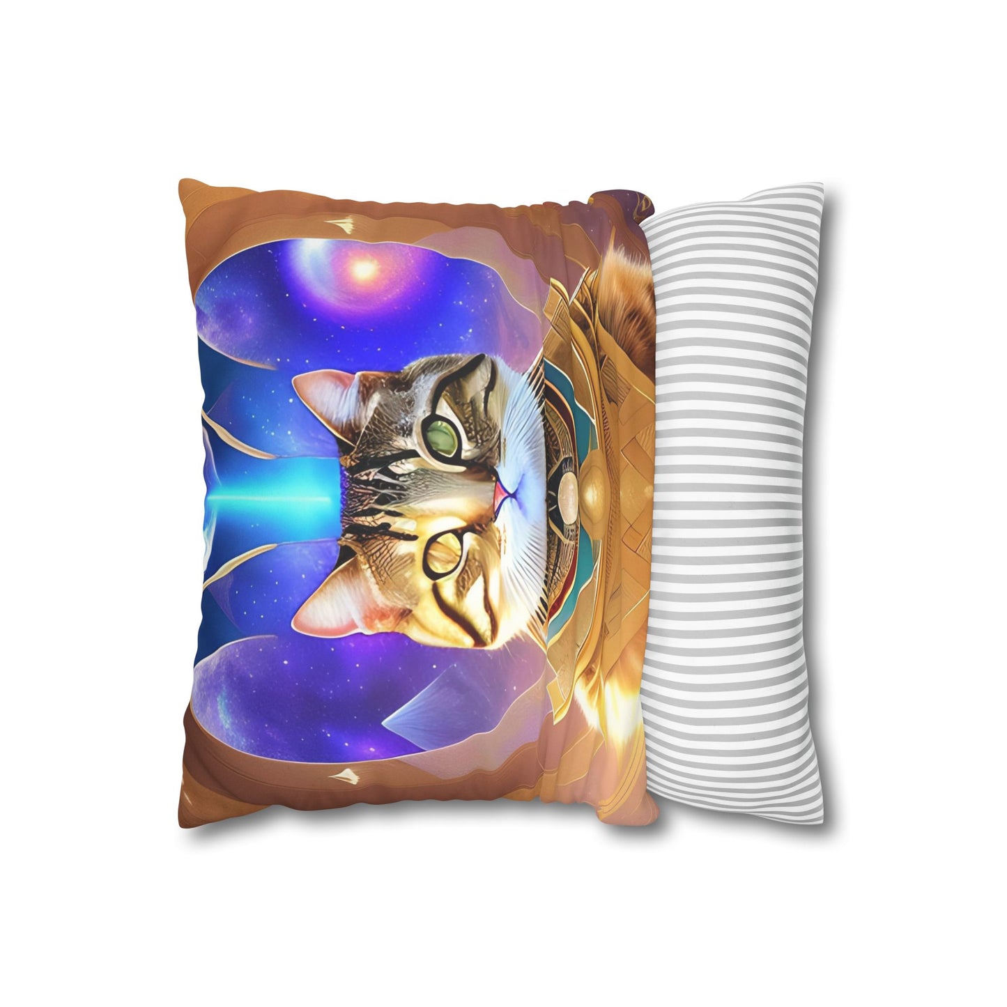 Divine Arts Faux Suede Double-Sided Square Pillow Case in Four Sizes - Fantasy Galaxy Space Cat Lover Male Brown Tabby Cat with Heterochromia in Ornate Golden Armor with Light Blue Hydroplasma Light Beam from Crown Chakra Merkaba Pillow Cover