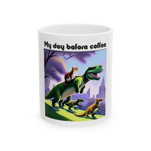 Ceramic Cat Humor Mug  (11oz/15oz) — 'Me Before Coffee' Tabby Cat Rides T-Rex Coffee Mug by Divine Arts