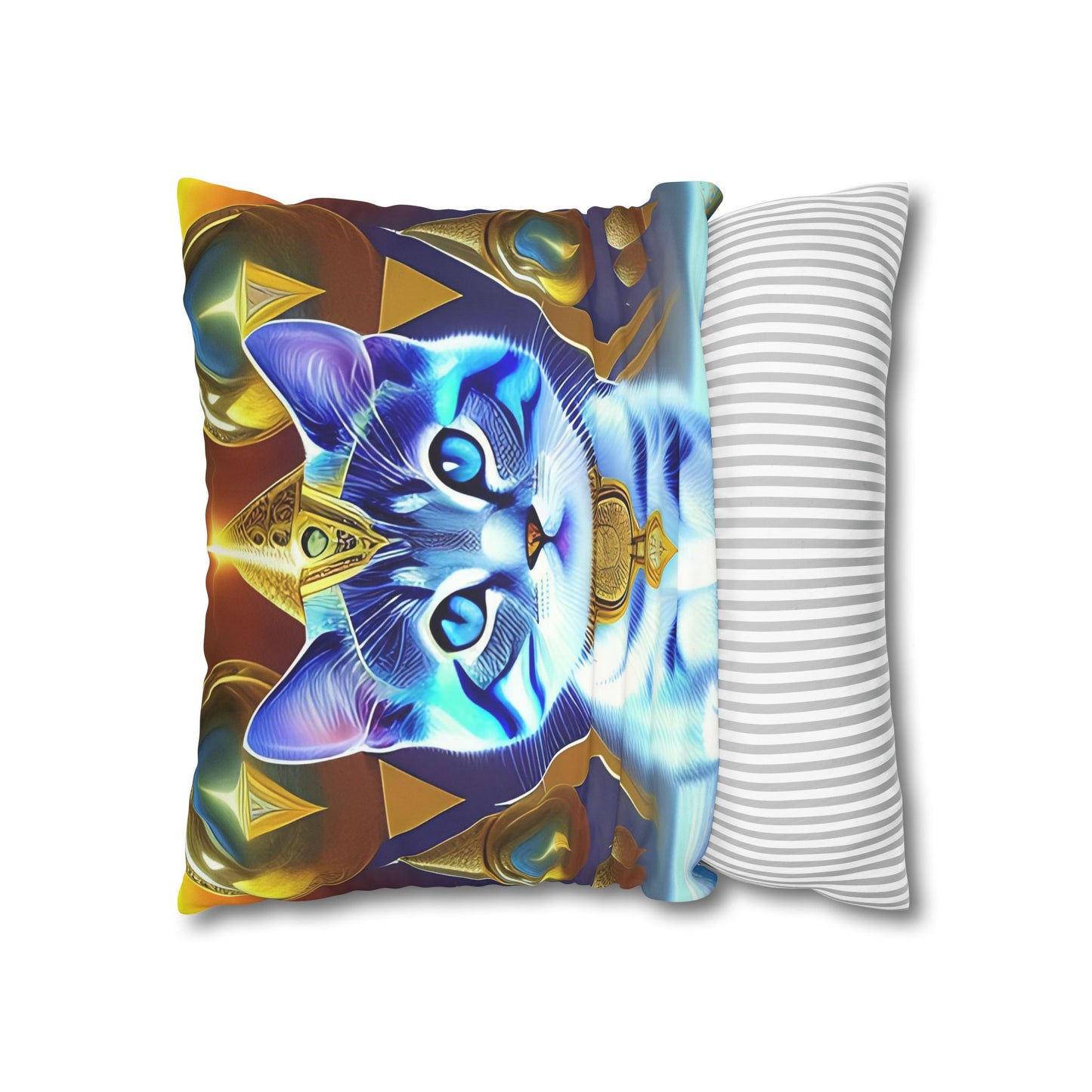 Divine Arts Faux Suede Double-Sided Square Pillow Case in Four Sizes - Fantasy Galaxy Space Cat Lover Male Gray and White Tabby Kitten with Blue Eyes in Golden Merkaba Chamber Wielding the Merkaba