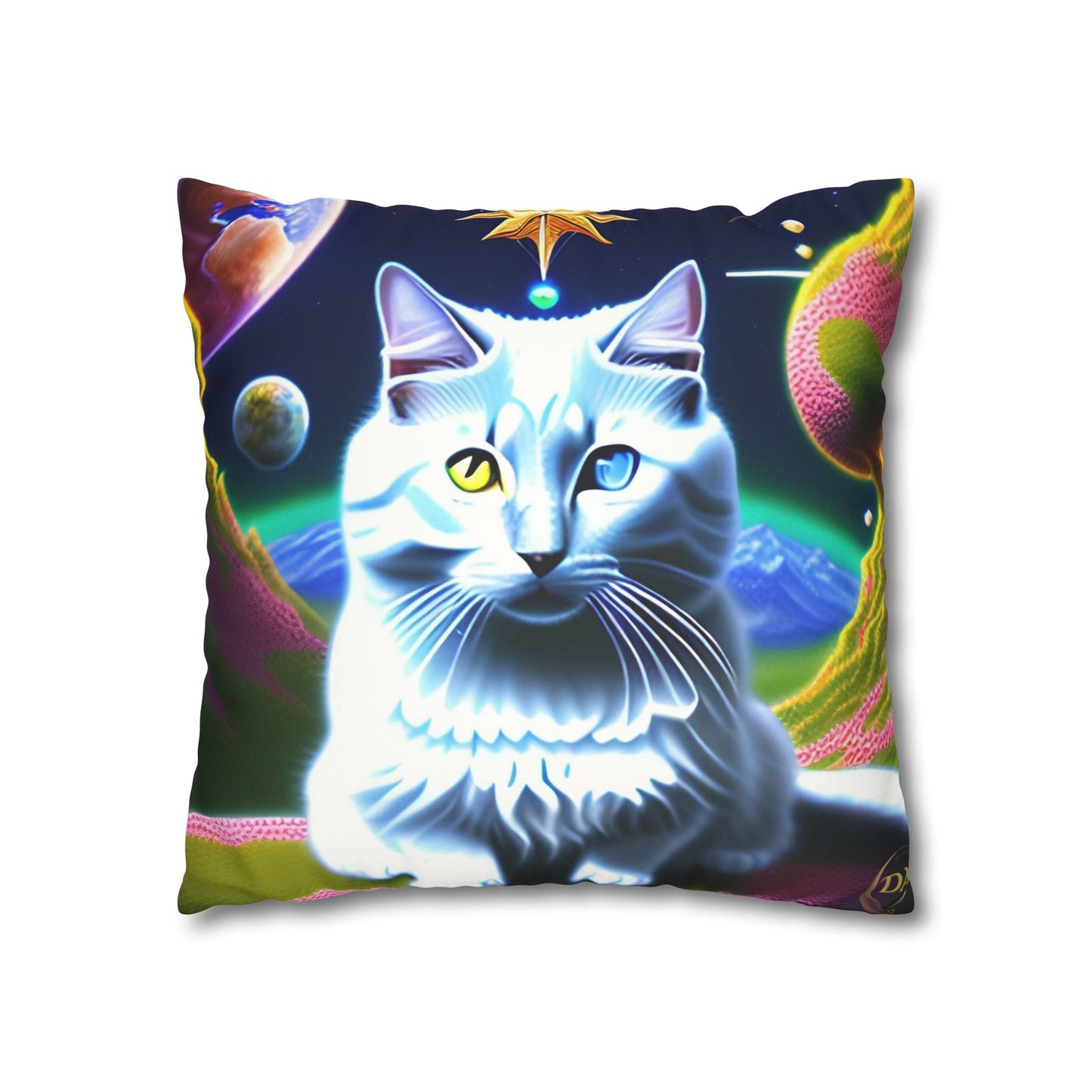 Divine Arts Faux Suede Double-Sided Square Pillow Case in Four Sizes - Fantasy Galaxy Space Cat Lover Portrait of White Female Cat With Yellow & Blie Heterochromia Eyes In Space Amidssr Blue & Pink Cosmic Swirls Meditating in Trance On A Golden Merkaba