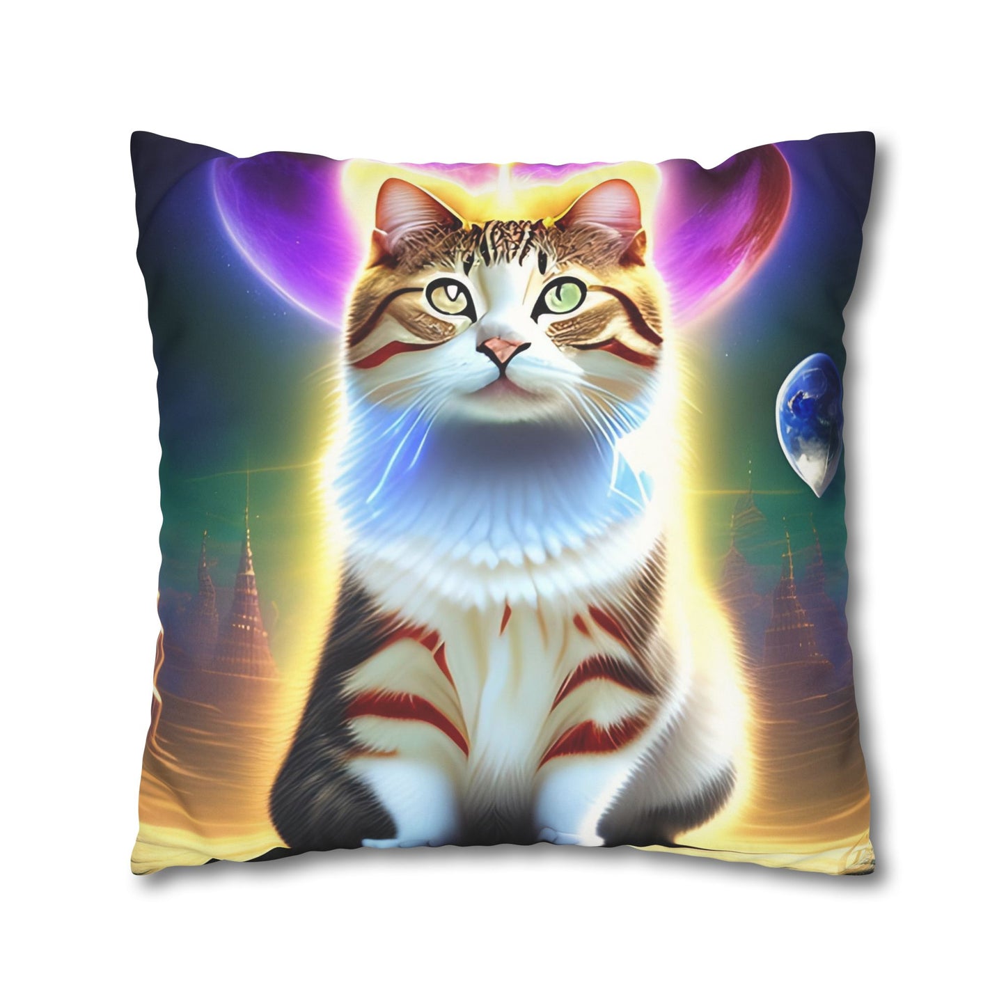 Divine Arts Faux Suede Double-Sided Square Pillow Case - Fantasy Galaxy Space Cat Lover Female Brown and White Tabby Cat with Heterochromia and a Bright Yellow & Purple Aura Spiritual Pillow Cover in Four Sizes