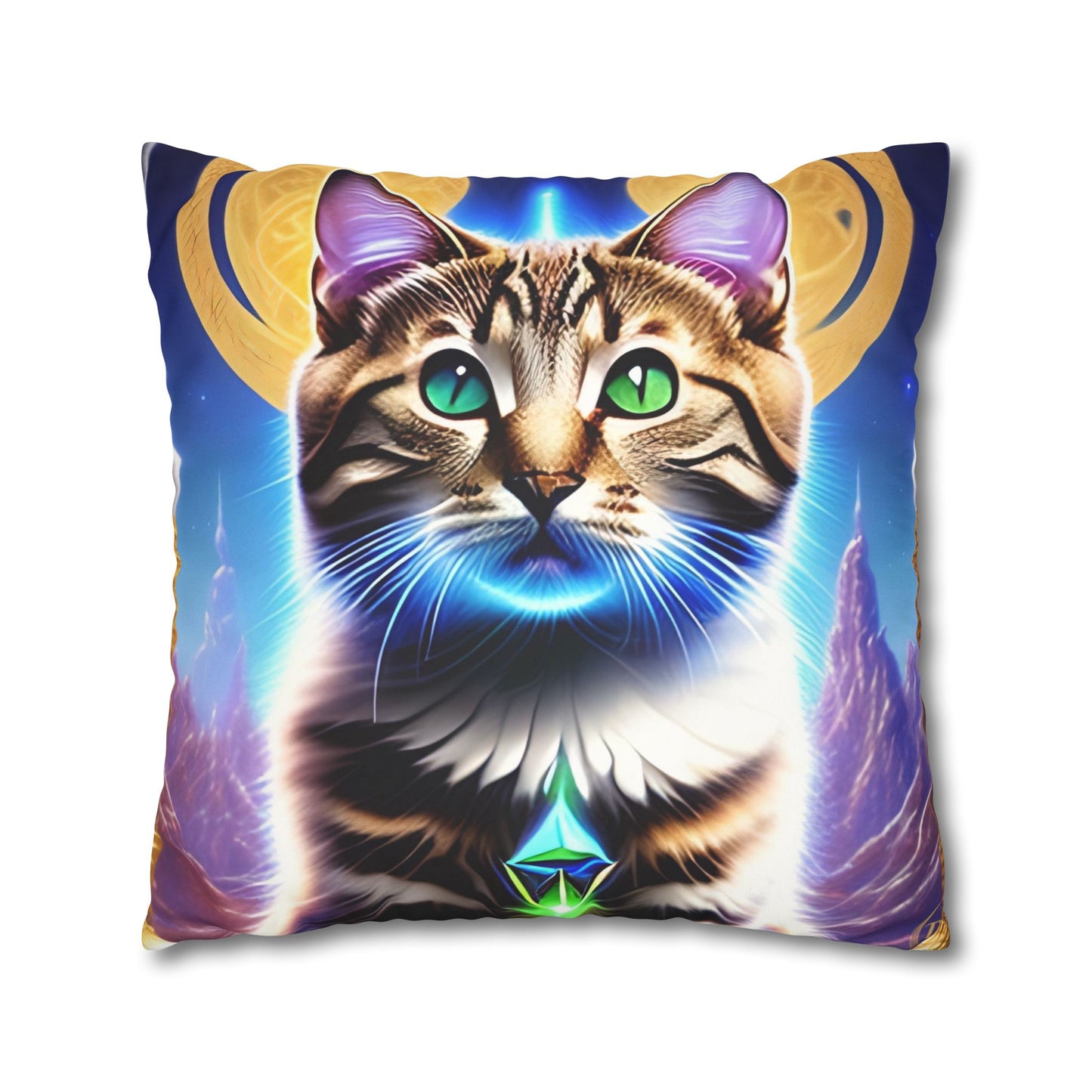 Divine Arts Faux Suede Double-Sided Square Pillow Case in Four Sizes - Fantasy Galaxy Space Cat Lover Male Brown Tabby Cat with Green Eyes Green Merkaba & Golden Aura Plates in Moutains