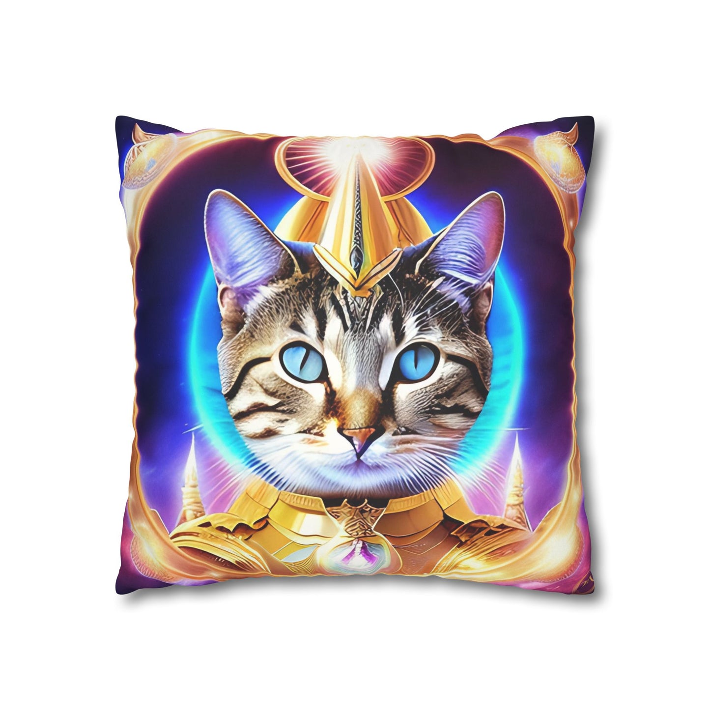 Divine Arts Faux Suede Double-Sided Square Pillow Case - Fantasy Galaxy Space Cat Lover Female Brown Gray Tabby Cat with Blue Eyes in Ornate Golden Armor with Light Blue Maharaic Shied Aura as Realized Merkaba Master Pillow Cover in Four Sizes