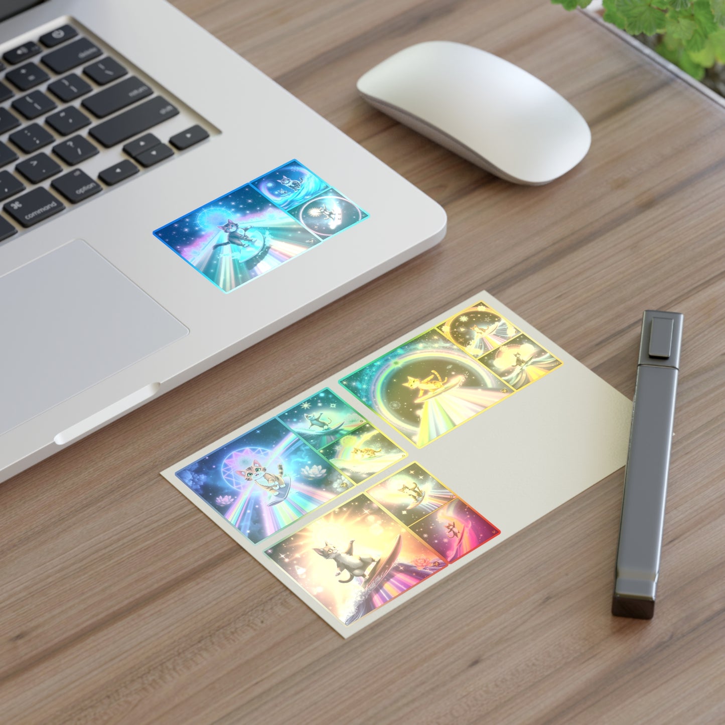 Cosmic Surfing Cat Sticker Sheets (6" x 4") — Rainbow Lotus Light Sacred Geomtry Galaxy Cat Decals by Divine Arts