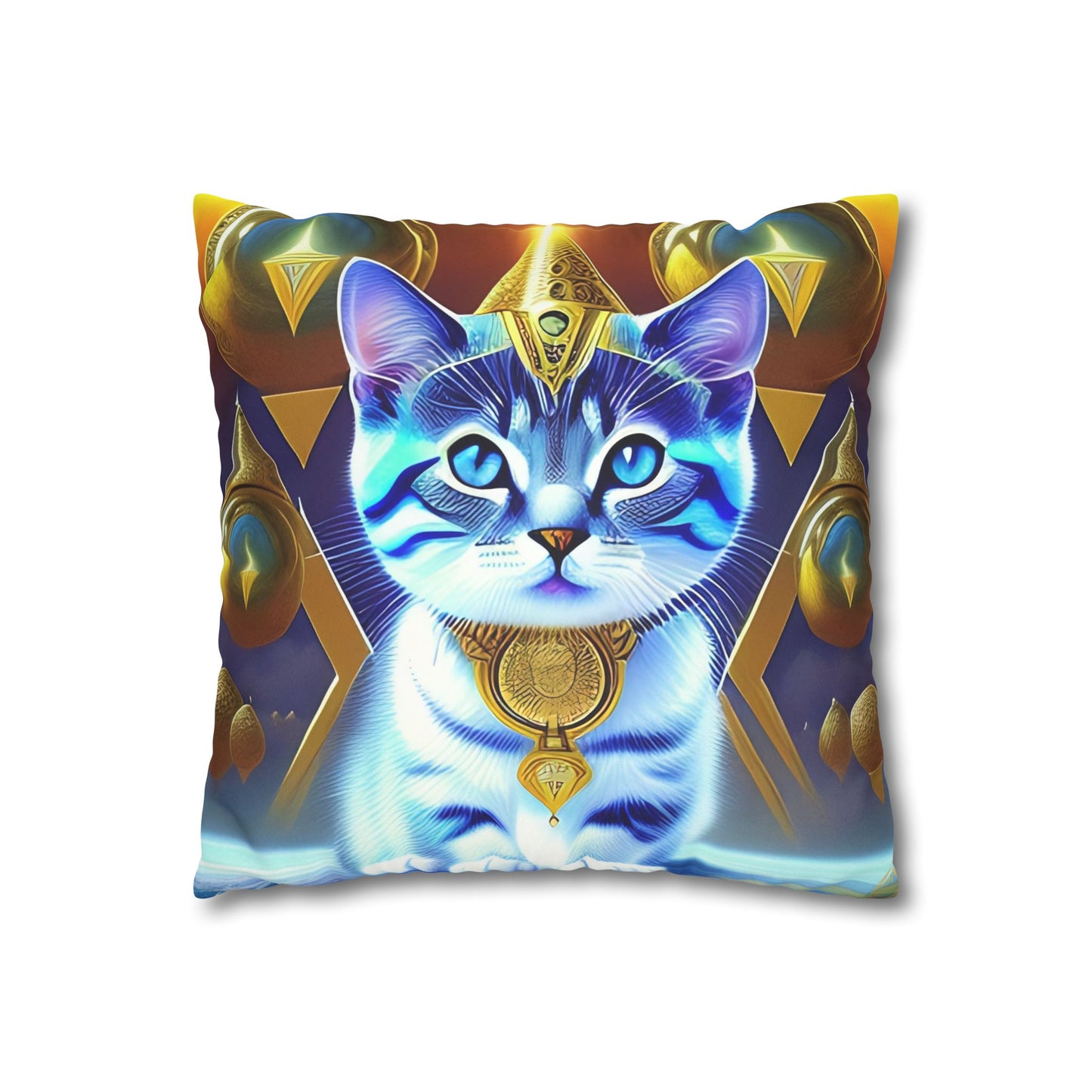 Divine Arts Faux Suede Double-Sided Square Pillow Case in Four Sizes - Fantasy Galaxy Space Cat Lover Male Gray and White Tabby Kitten with Blue Eyes in Golden Merkaba Chamber Wielding the Merkaba