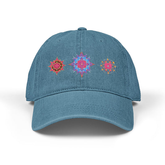 Denim Cap (Embroidery), 100% Cotton, Three Unique Embroidery Merkabas, Neon Galaxy Starry Light, Lotus Jewel Design by Divine Arts