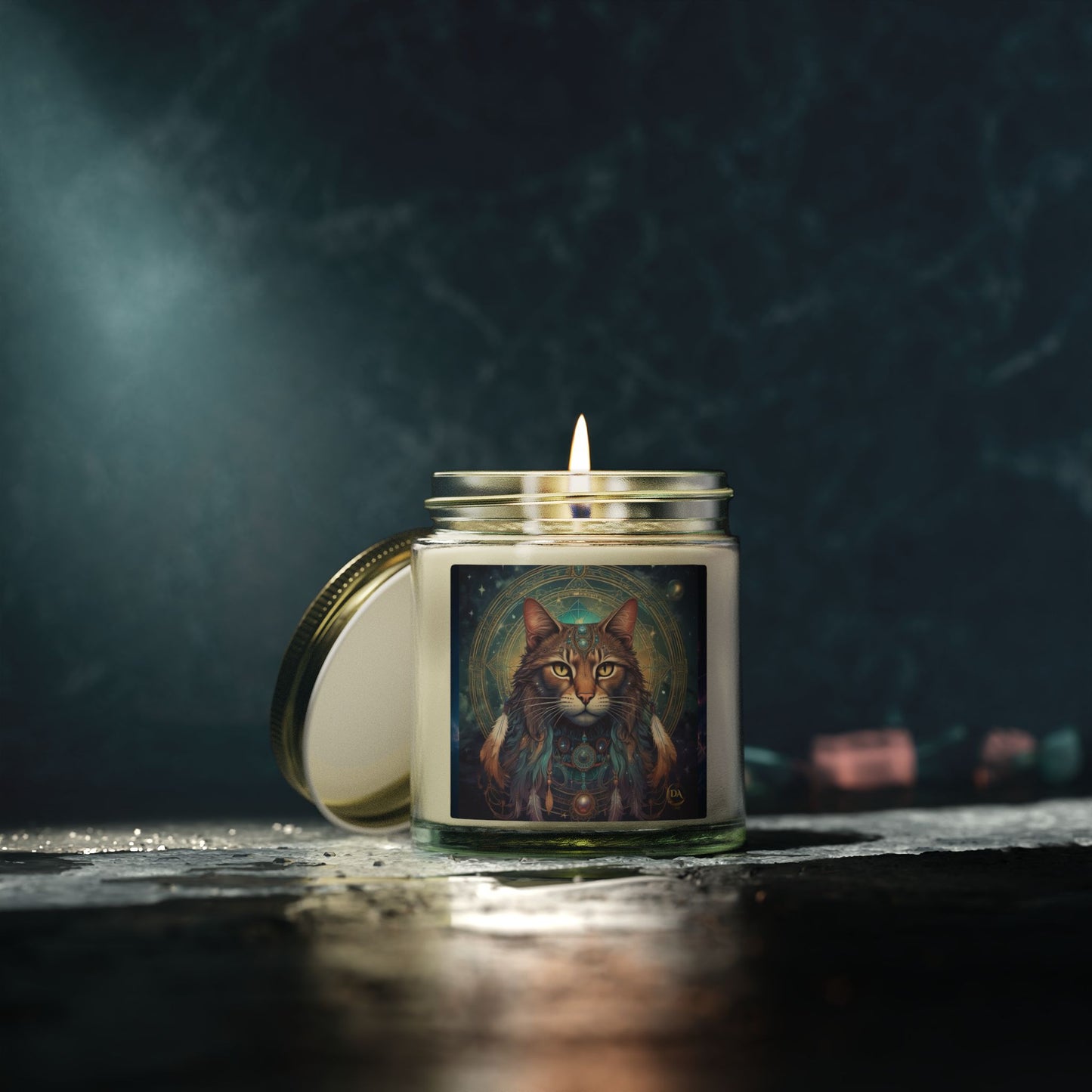 Premium Coconut Apricot Wax Scented Candles, Various Floral & Spice Fragrances (4oz), Spiritual Christmas Holiday Cat Lover Pet Gift, Brown Tabby Cat Galaxy Space Fantasy Tribal Art, by Divine Arts