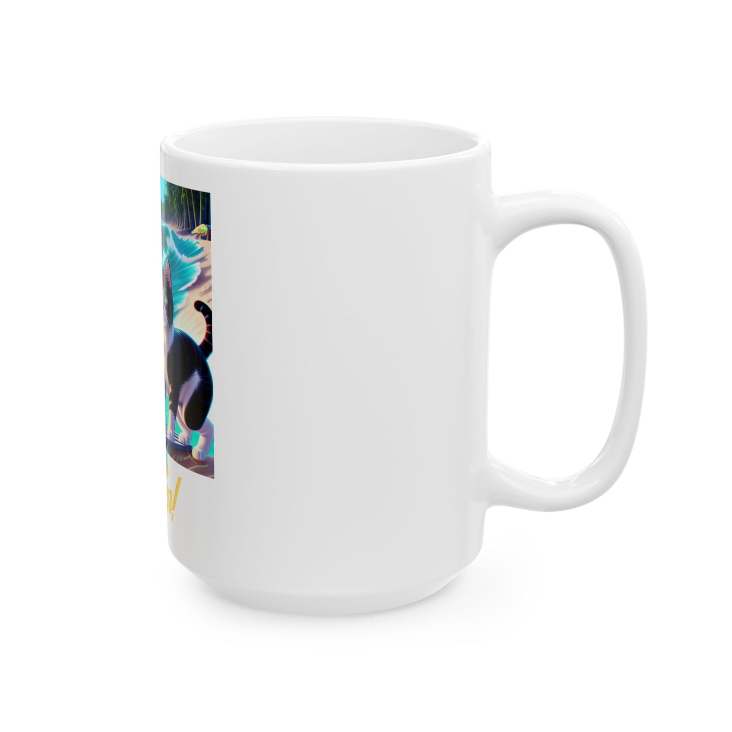 Surfing Cat Ceramic Mug  (11oz/15oz) — "Paws Ten!" Retro Beach Coffee Cup by Divine Arts