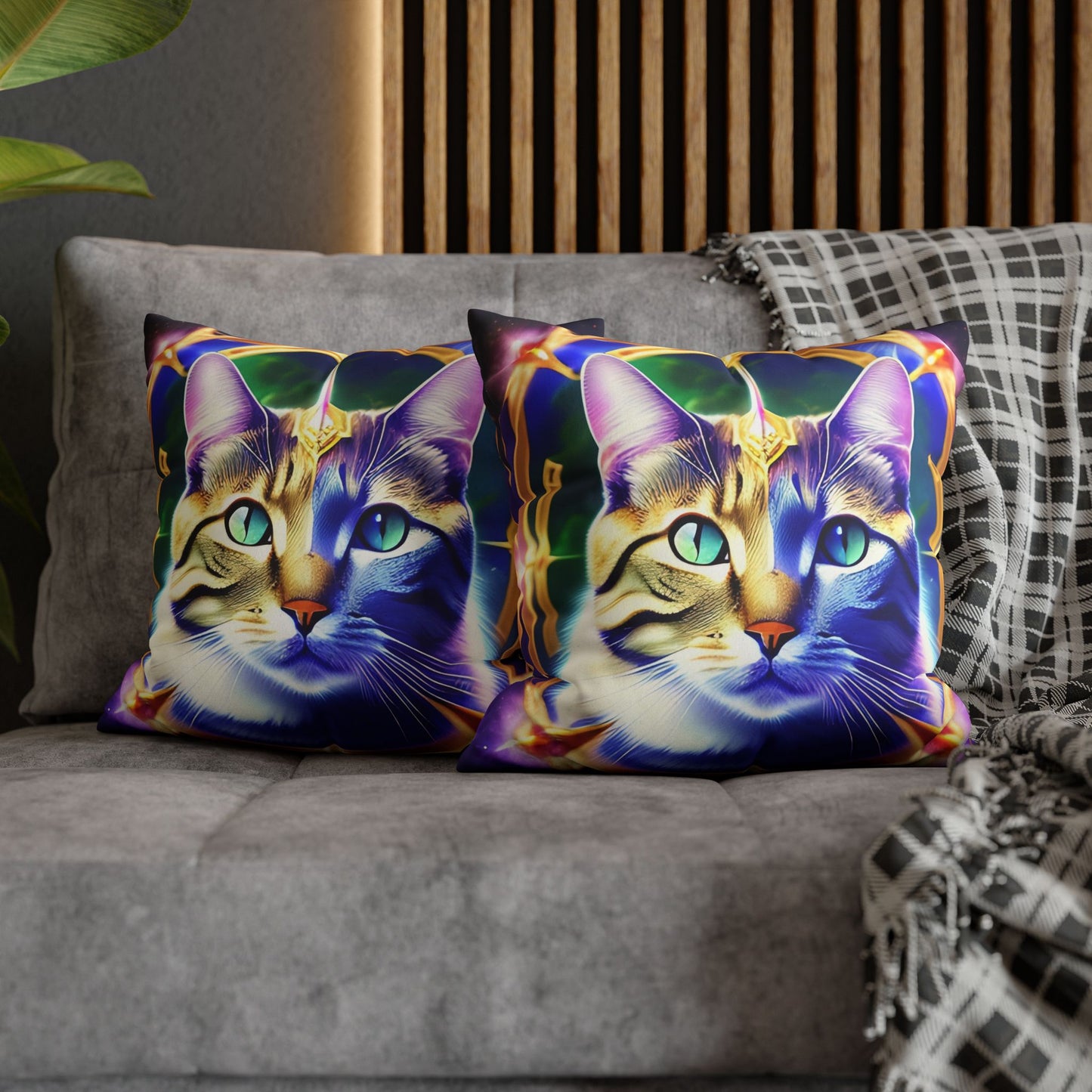 Divine Arts Faux Suede Double-Sided Square Pillow Case - Fantasy Galaxy Space Cat Lover Male Gray & Brown Tabby Cat with Green Eyes with Blue, Green & Orange Aura and Ornate Light Blue and Purple Crystal Collar Merkaba Pillow Cover in Four Sizes