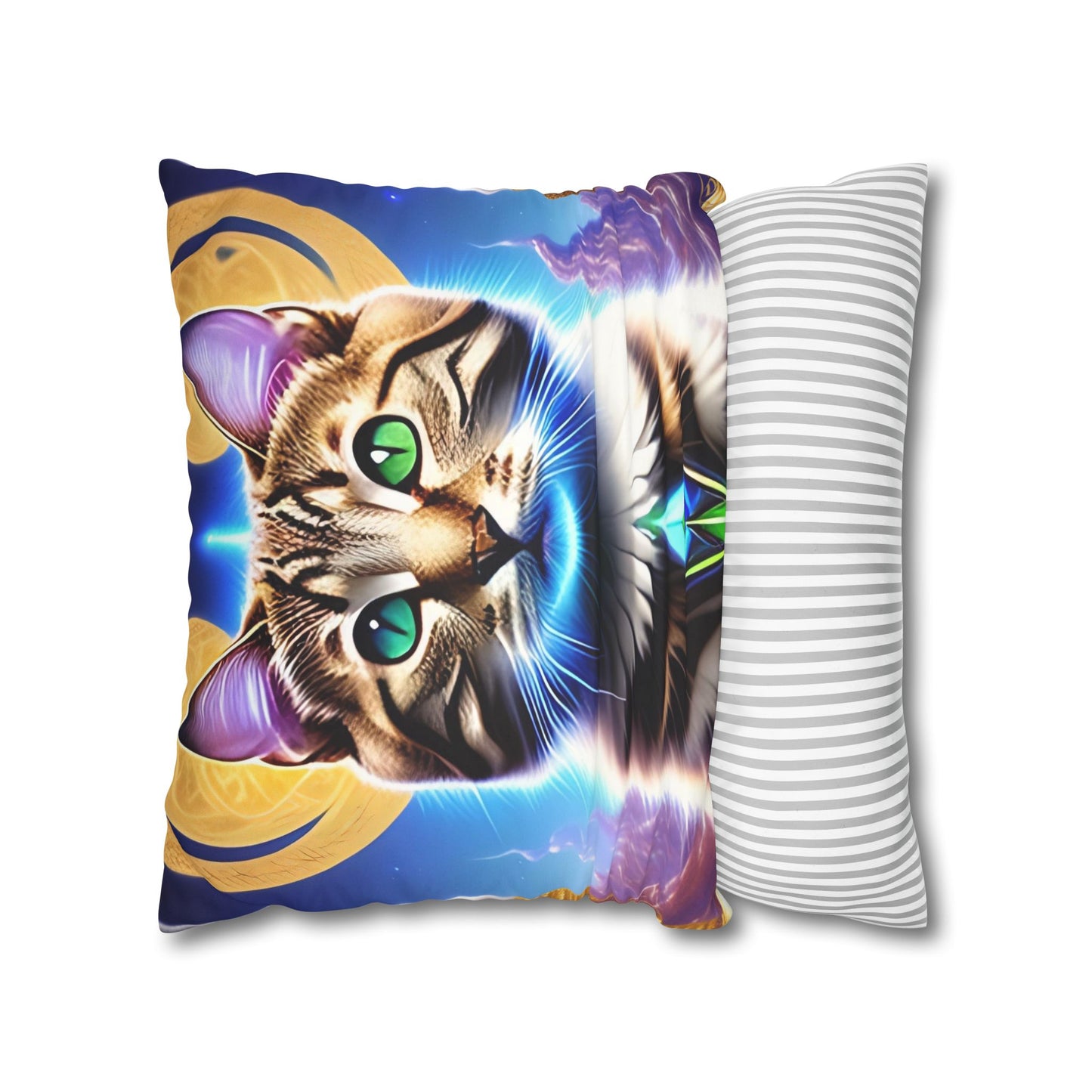 Divine Arts Faux Suede Double-Sided Square Pillow Case in Four Sizes - Fantasy Galaxy Space Cat Lover Male Brown Tabby Cat with Green Eyes Green Merkaba & Golden Aura Plates in Moutains