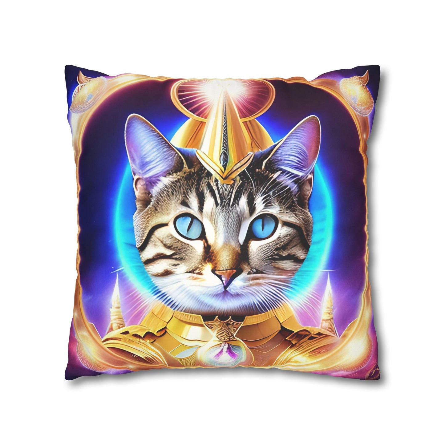 Divine Arts Faux Suede Double-Sided Square Pillow Case - Fantasy Galaxy Space Cat Lover Female Brown Gray Tabby Cat with Blue Eyes in Ornate Golden Armor with Light Blue Maharaic Shied Aura as Realized Merkaba Master Pillow Cover in Four Sizes