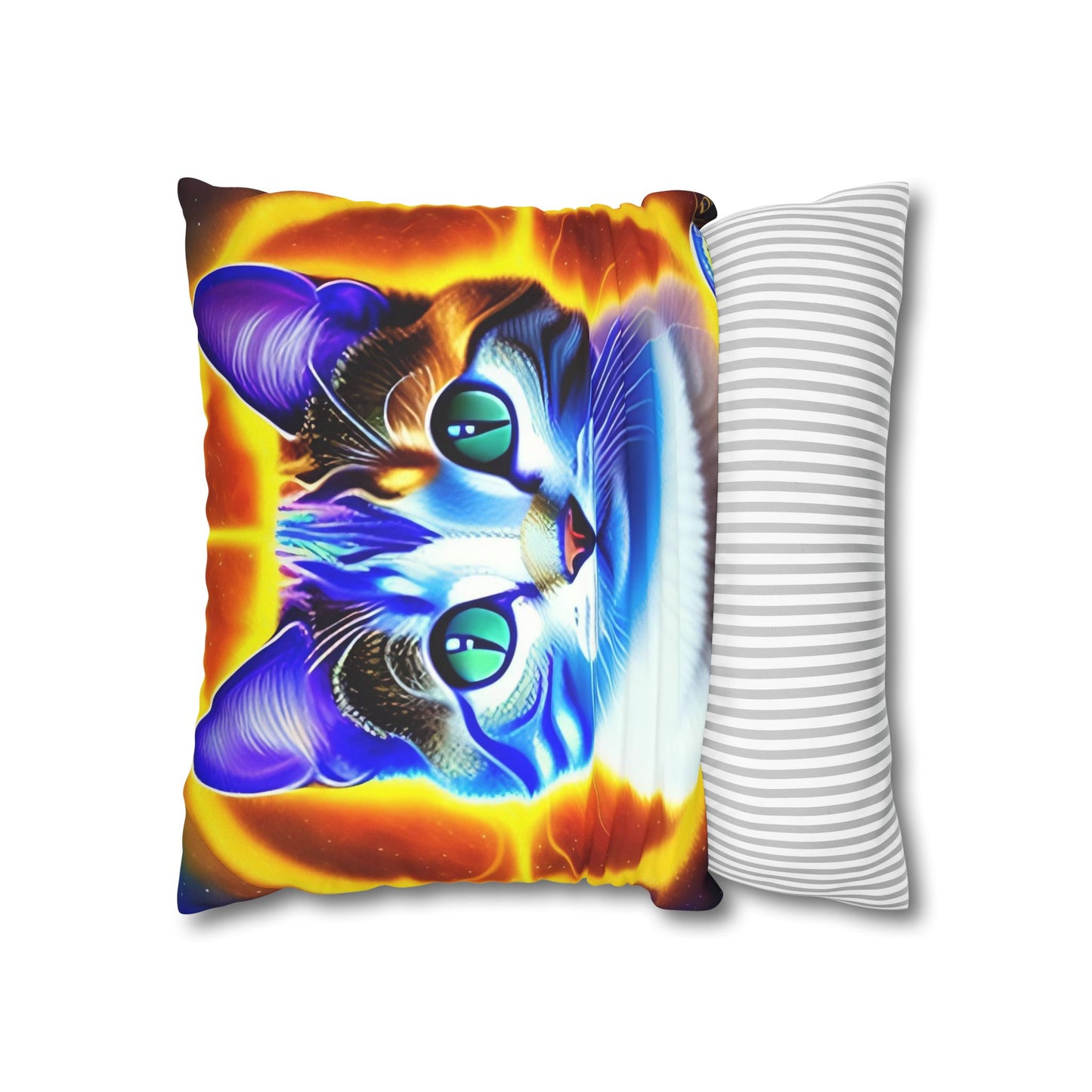 Divine Arts Faux Suede Double-Sided Square Pillow Case - Fantasy Galaxy Space Cat Lover Large Close Up View of the Face of a Female Brown Tabby Cat with Green Eyes With a Pulsing Yellow Orange Aura From Weilding the Merkaba Pillow Cover in Four Sizes