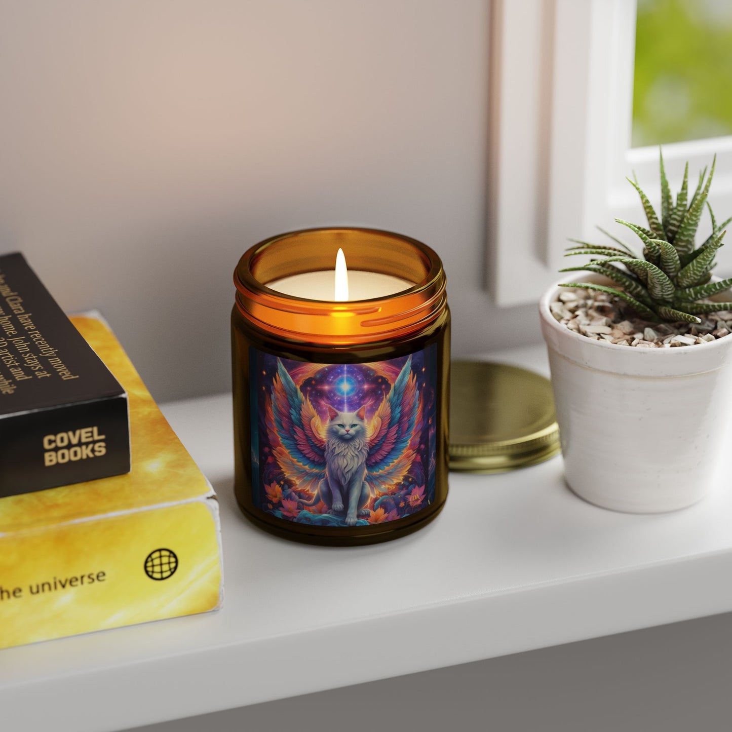 Premium Coconut Apricot Wax Scented Candles, Various Floral & Spice Fragrances (4oz), Spiritual Christmas Holiday Cat Lover Pet Gift, Galaxy Space White Angel Cat Art, by Divine Arts