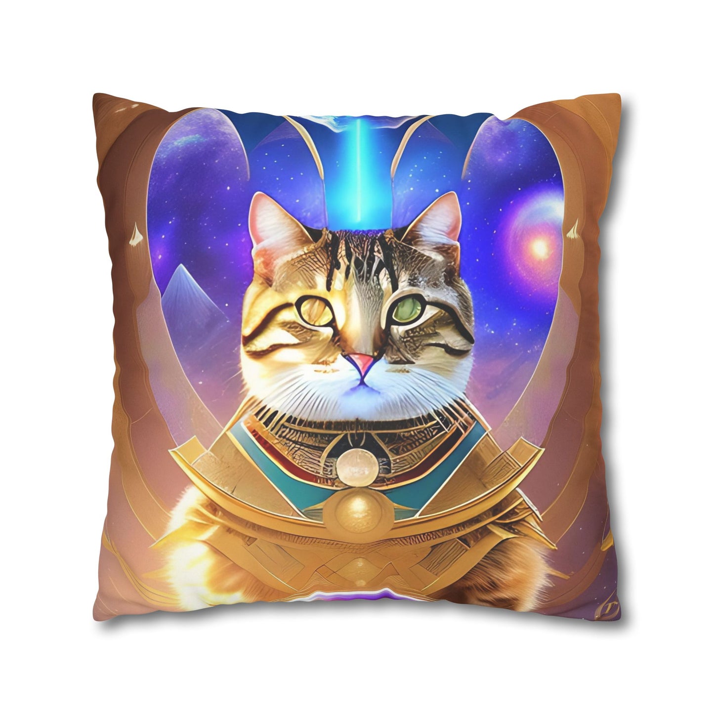Divine Arts Faux Suede Double-Sided Square Pillow Case in Four Sizes - Fantasy Galaxy Space Cat Lover Male Brown Tabby Cat with Heterochromia in Ornate Golden Armor with Light Blue Hydroplasma Light Beam from Crown Chakra Merkaba Pillow Cover