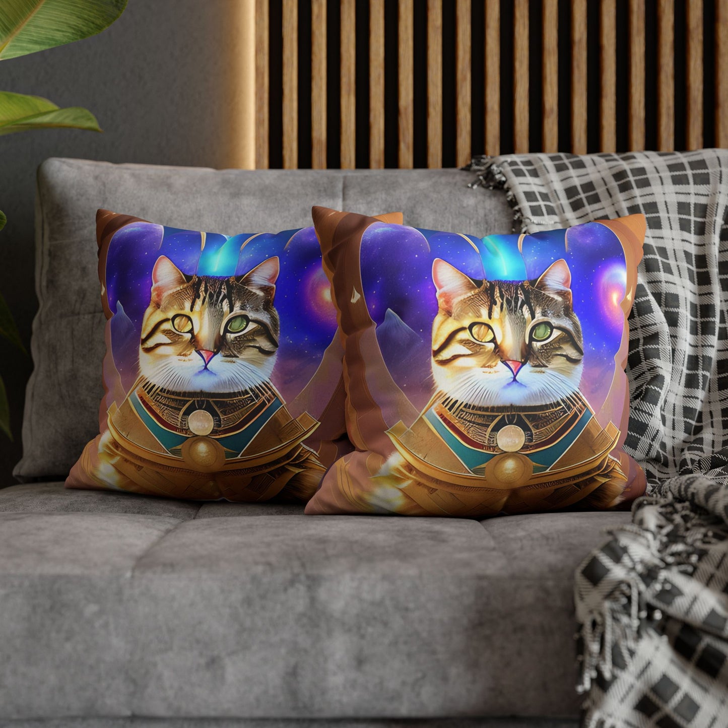 Divine Arts Faux Suede Double-Sided Square Pillow Case in Four Sizes - Fantasy Galaxy Space Cat Lover Male Brown Tabby Cat with Heterochromia in Ornate Golden Armor with Light Blue Hydroplasma Light Beam from Crown Chakra Merkaba Pillow Cover
