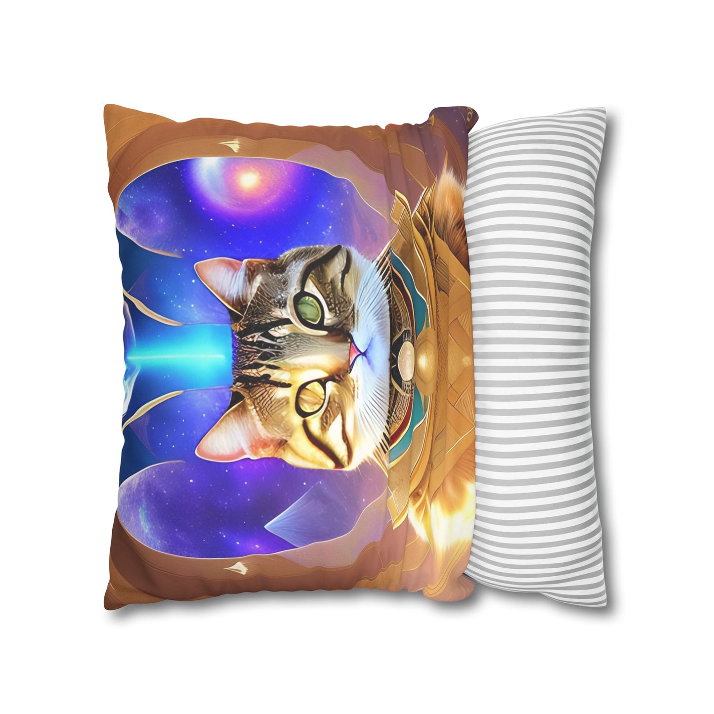 Divine Arts Faux Suede Double-Sided Square Pillow Case in Four Sizes - Fantasy Galaxy Space Cat Lover Male Brown Tabby Cat with Heterochromia in Ornate Golden Armor with Light Blue Hydroplasma Light Beam from Crown Chakra Merkaba Pillow Cover