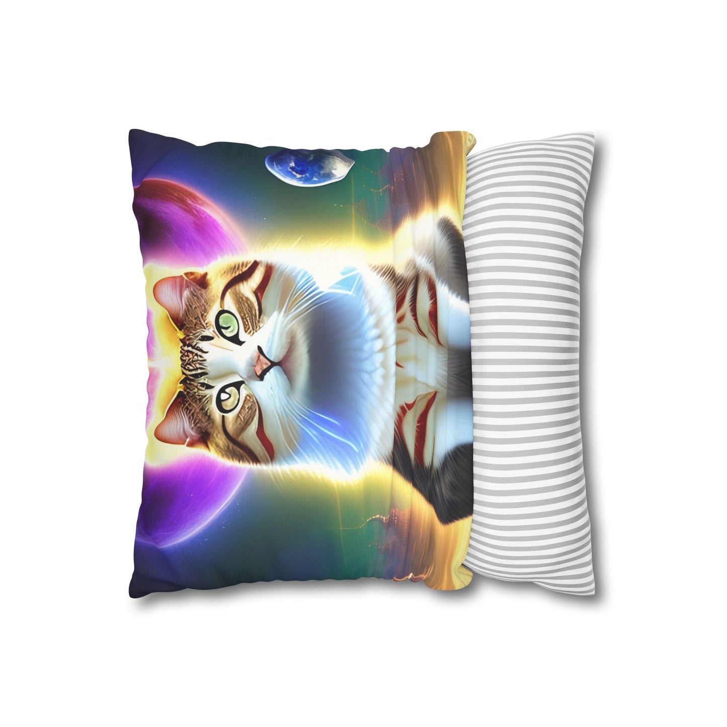 Divine Arts Faux Suede Double-Sided Square Pillow Case - Fantasy Galaxy Space Cat Lover Female Brown and White Tabby Cat with Heterochromia and a Bright Yellow & Purple Aura Spiritual Pillow Cover in Four Sizes