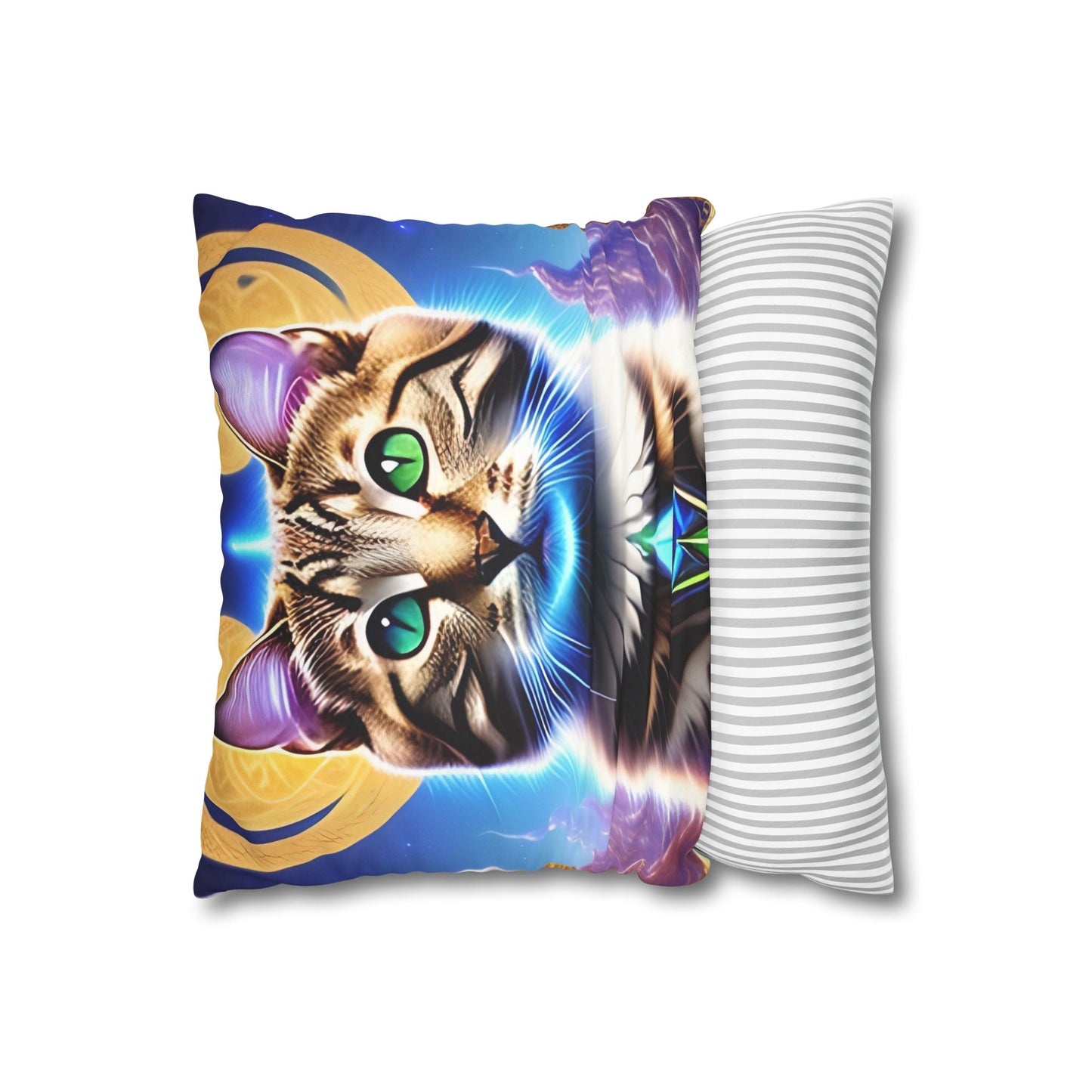 Divine Arts Faux Suede Double-Sided Square Pillow Case in Four Sizes - Fantasy Galaxy Space Cat Lover Male Brown Tabby Cat with Green Eyes Green Merkaba & Golden Aura Plates in Moutains