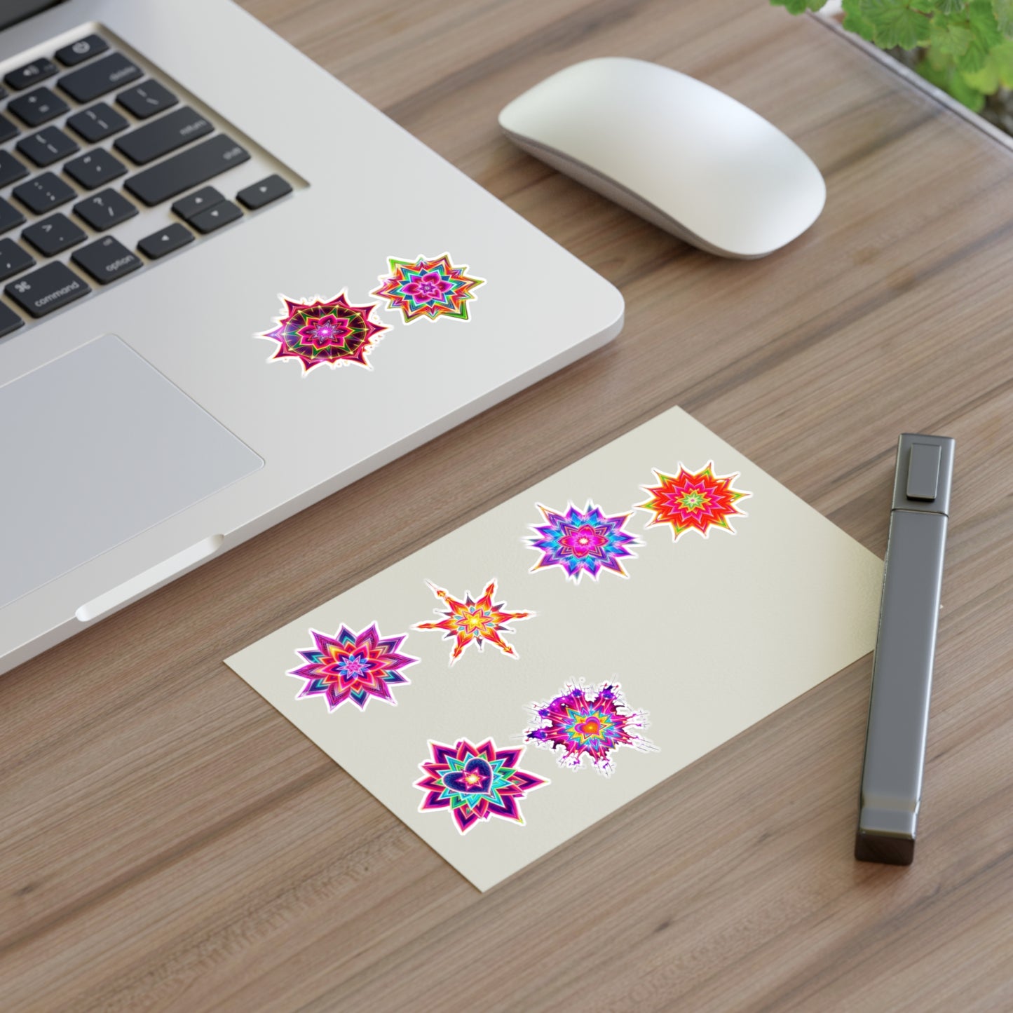 Kaleidoscope Starburst Vinyl Sticker Sheet (6x4) — Colorful Galaxy Art, White Transparent Holographic Die Cut Merkaba Decals by Divine Arts