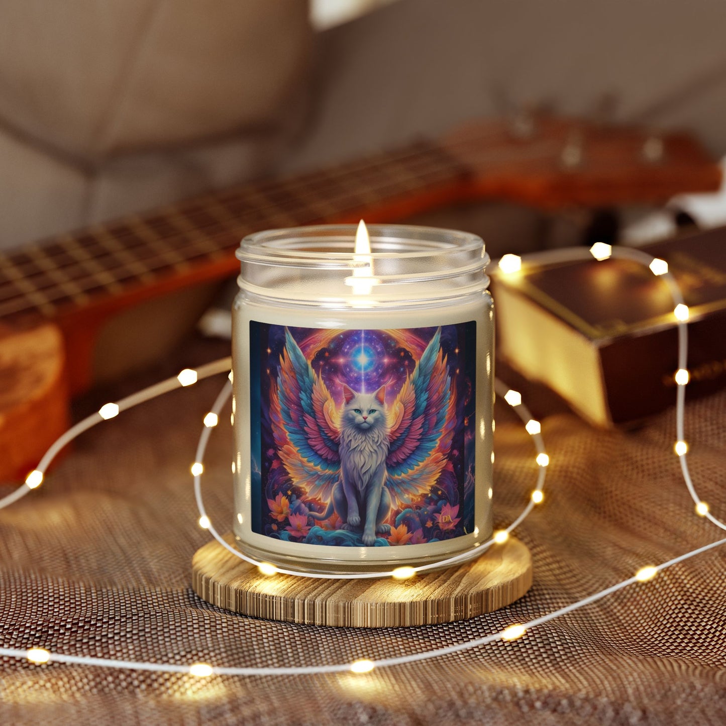 Premium Coconut Apricot Wax Scented Candles, Various Floral & Spice Fragrances (4oz), Spiritual Christmas Holiday Cat Lover Pet Gift, Galaxy Space White Angel Cat Art, by Divine Arts