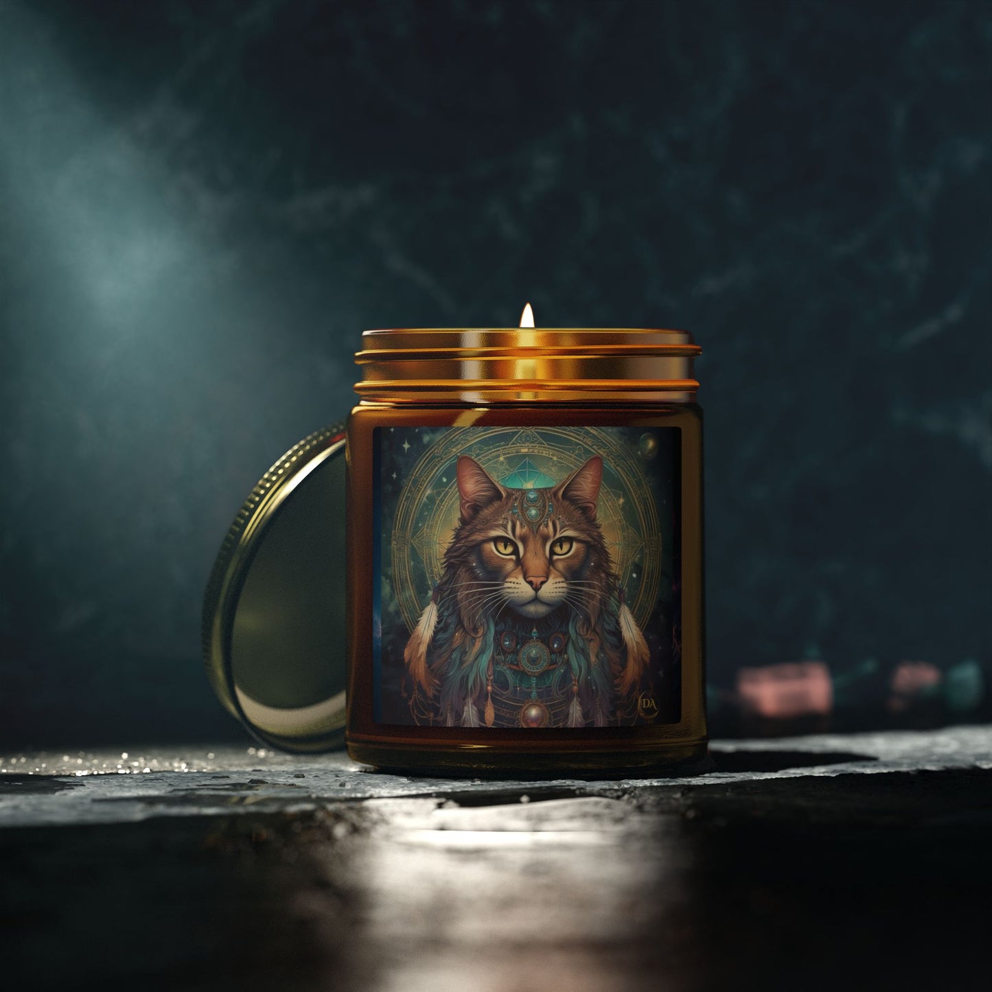 Premium Coconut Apricot Wax Scented Candles, Various Floral & Spice Fragrances (4oz), Spiritual Christmas Holiday Cat Lover Pet Gift, Brown Tabby Cat Galaxy Space Fantasy Tribal Art, by Divine Arts