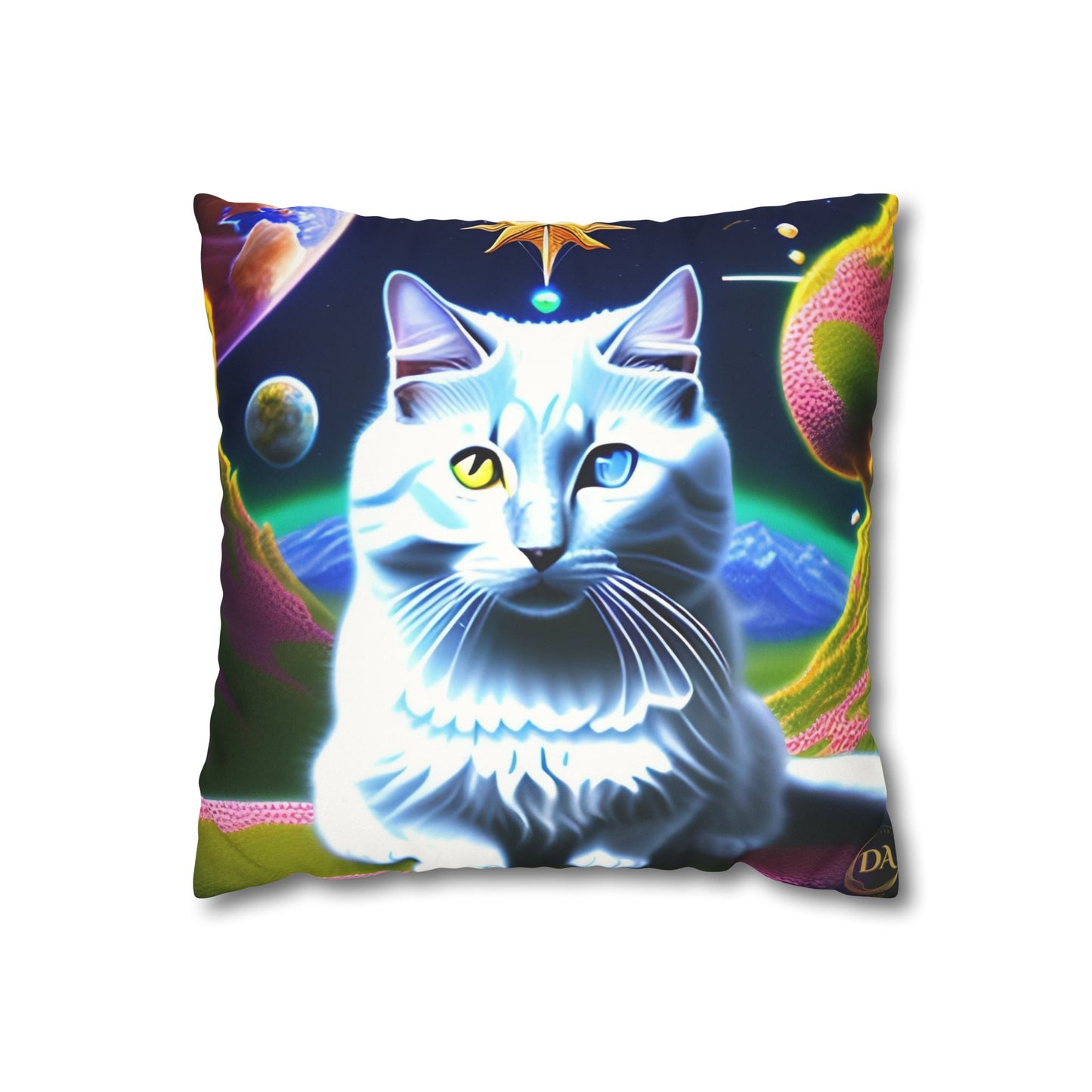 Divine Arts Faux Suede Double-Sided Square Pillow Case in Four Sizes - Fantasy Galaxy Space Cat Lover Portrait of White Female Cat With Yellow & Blie Heterochromia Eyes In Space Amidssr Blue & Pink Cosmic Swirls Meditating in Trance On A Golden Merkaba