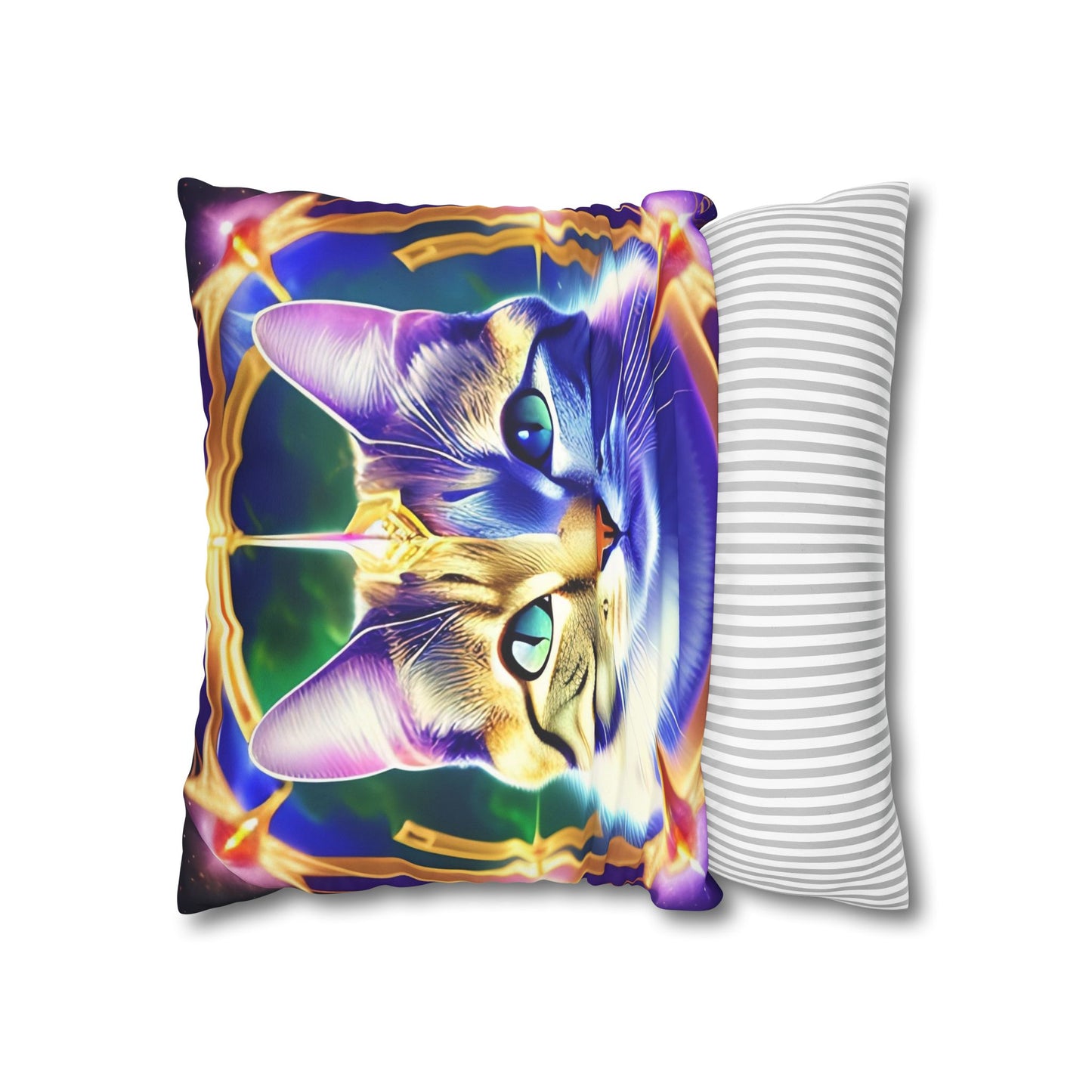 Divine Arts Faux Suede Double-Sided Square Pillow Case - Fantasy Galaxy Space Cat Lover Male Gray & Brown Tabby Cat with Green Eyes with Blue, Green & Orange Aura and Ornate Light Blue and Purple Crystal Collar Merkaba Pillow Cover in Four Sizes