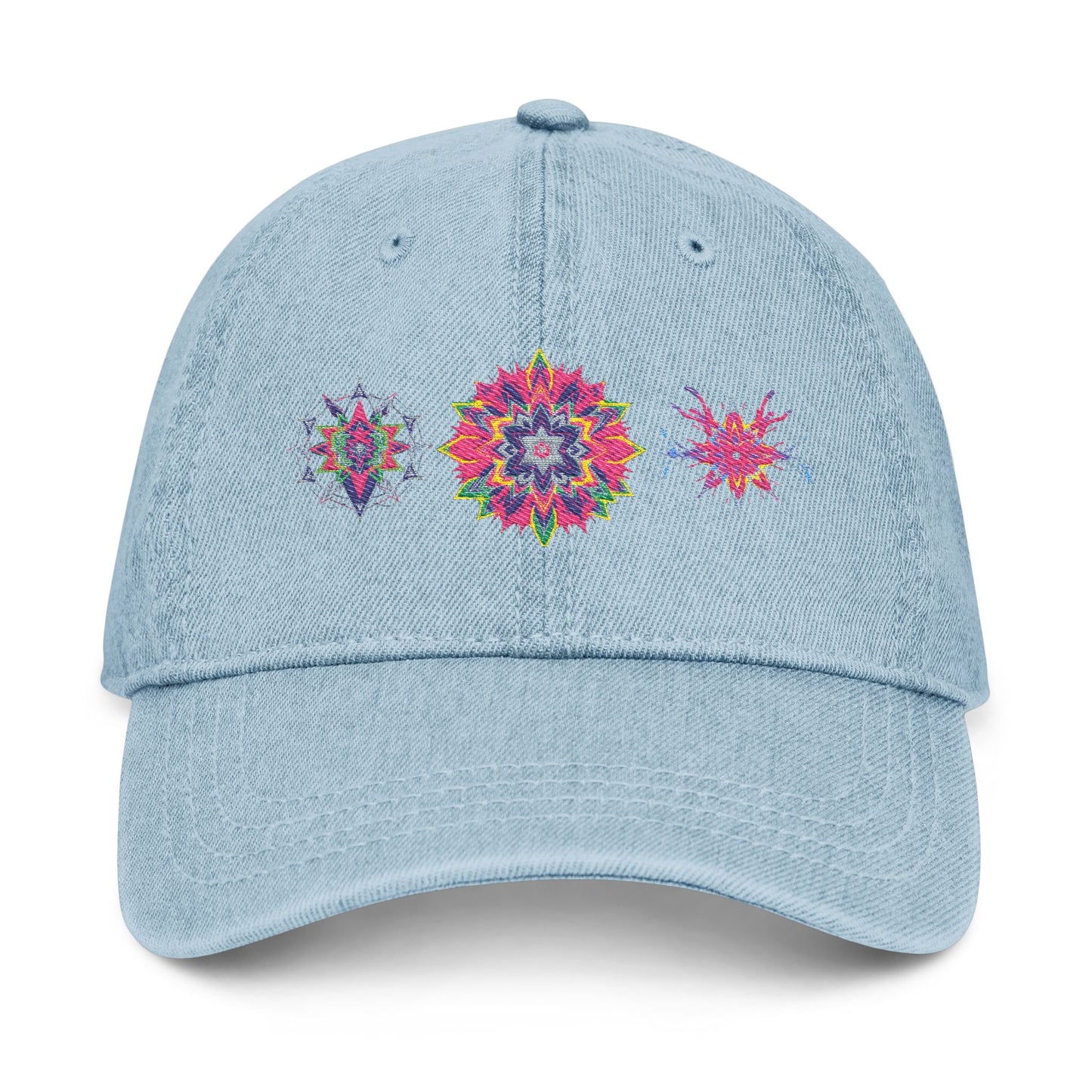 Denim Cap (Embroidery), 100% Cotton, Three Unique Embroidery Merkabas, Neon Galaxy Starry Light, Lotus Jewel Design by Divine Arts