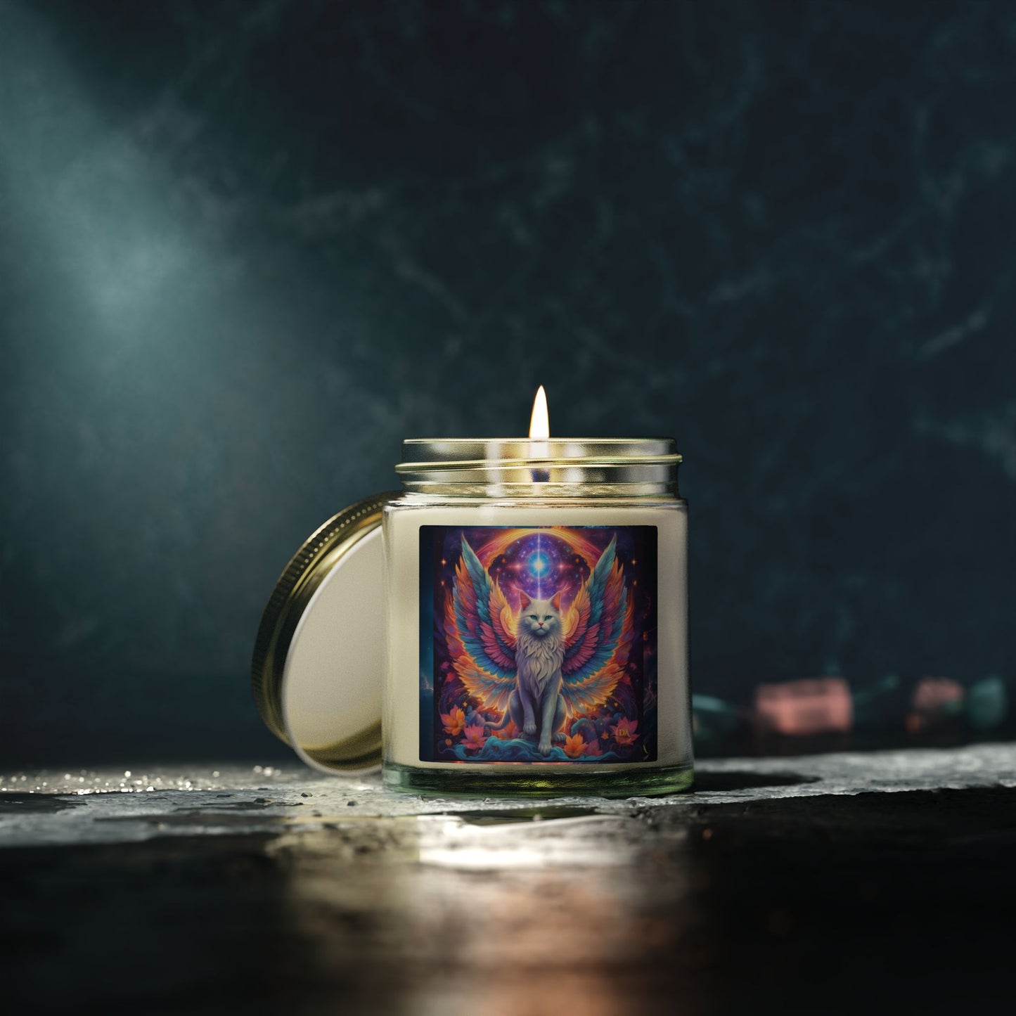 Premium Coconut Apricot Wax Scented Candles, Various Floral & Spice Fragrances (4oz), Spiritual Christmas Holiday Cat Lover Pet Gift, Galaxy Space White Angel Cat Art, by Divine Arts
