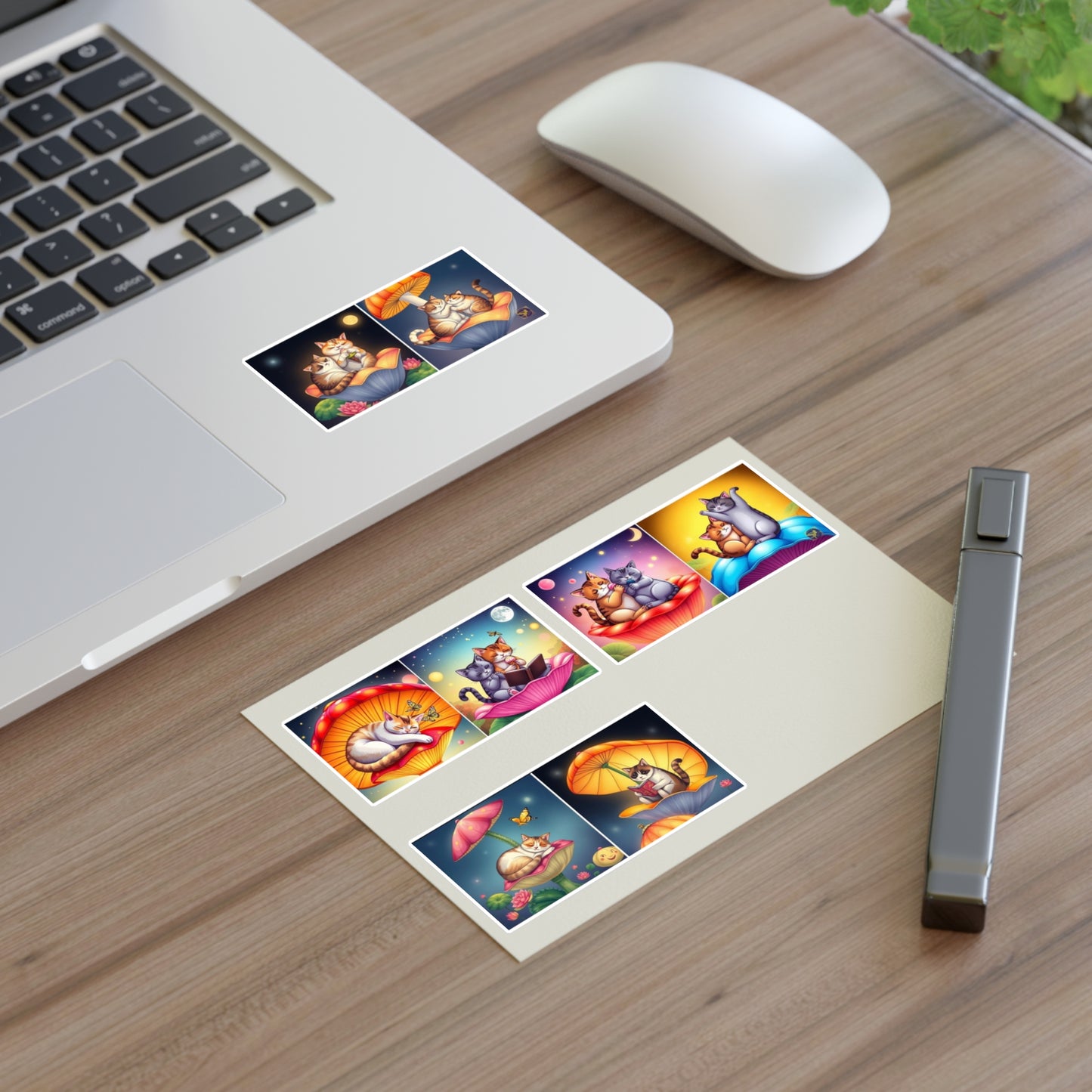 Whimsical Cat Night & Day Mushroom Lotus, Nature Bookworm Sticker Sheets (6x4) – Cute Floral Shell Mushroom Umbrella Cap Kittens by Divine Arts