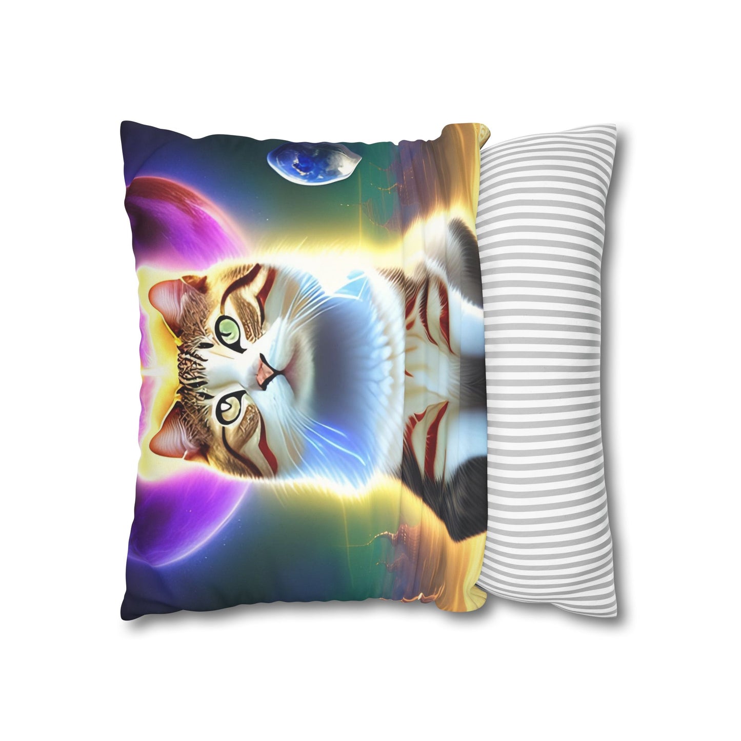 Divine Arts Faux Suede Double-Sided Square Pillow Case - Fantasy Galaxy Space Cat Lover Female Brown and White Tabby Cat with Heterochromia and a Bright Yellow & Purple Aura Spiritual Pillow Cover in Four Sizes