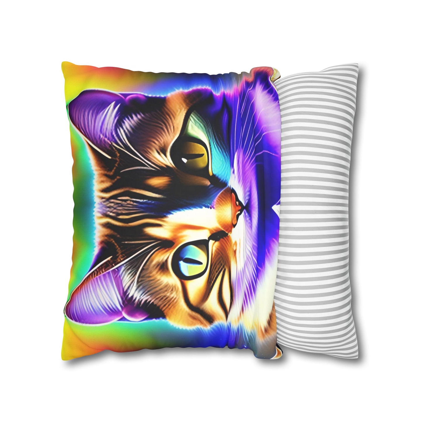 Divine Arts Faux Suede Double-Sided Square Pillow Case - Fantasy Galaxy Space Cat Lover Brown Tabby Cat with Heterochromia Meditating in Rainbow Trance Colors Pillow Cover in Four Sizes