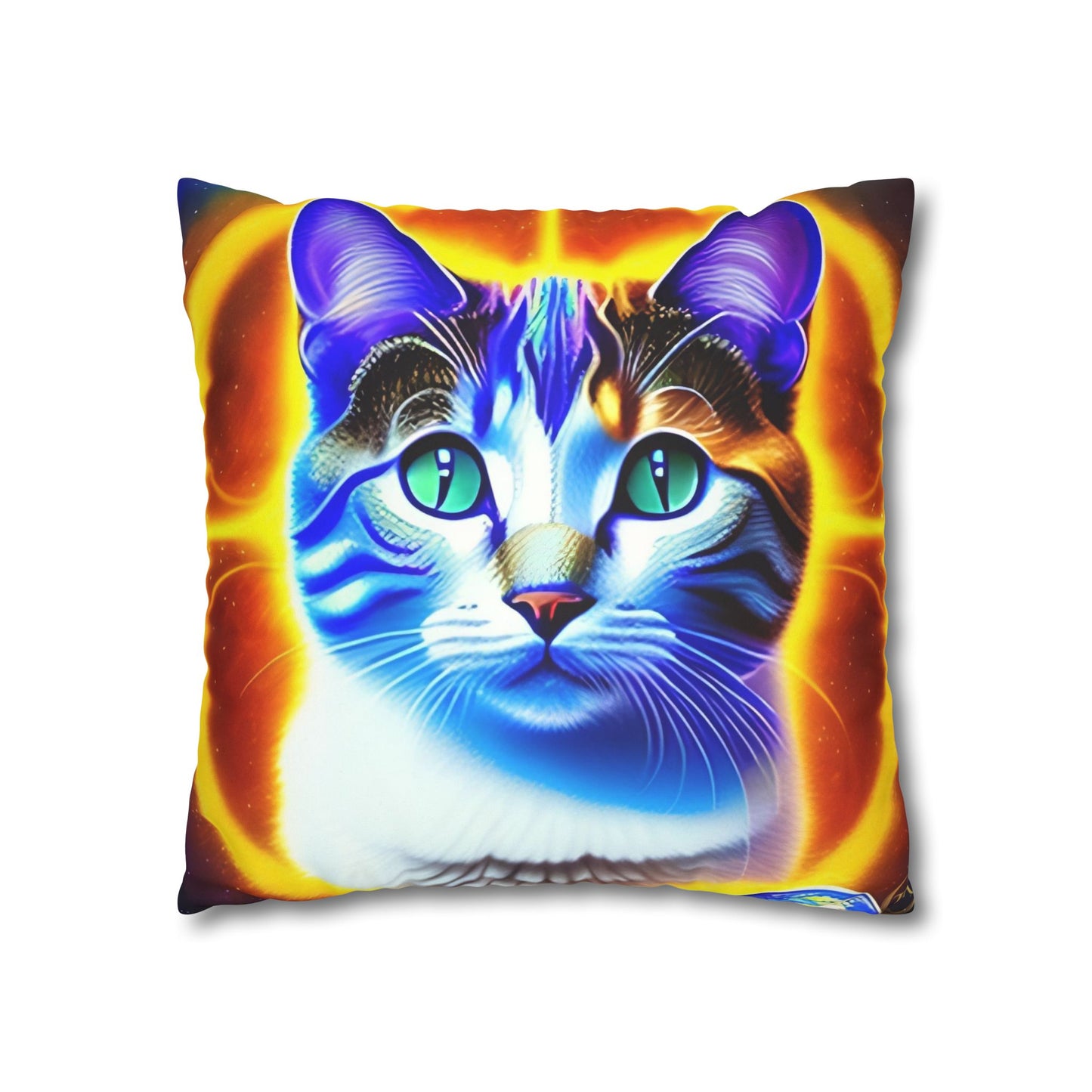 Divine Arts Faux Suede Double-Sided Square Pillow Case - Fantasy Galaxy Space Cat Lover Large Close Up View of the Face of a Female Brown Tabby Cat with Green Eyes With a Pulsing Yellow Orange Aura From Weilding the Merkaba Pillow Cover in Four Sizes