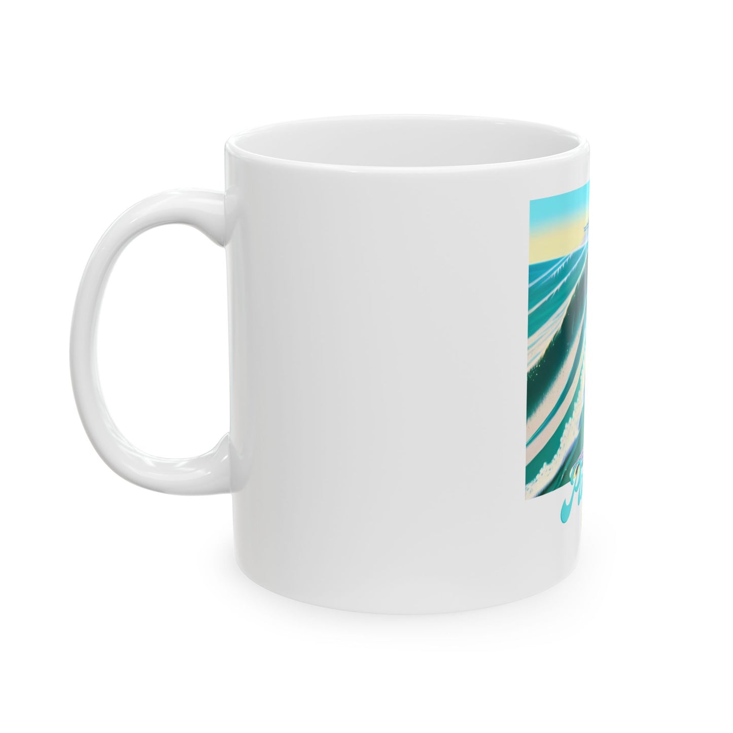 Surfing Cat Ceramic Mug  (11oz/15oz) — "Paws Ten!" Retro Beach Coffee Cup by Divine Arts