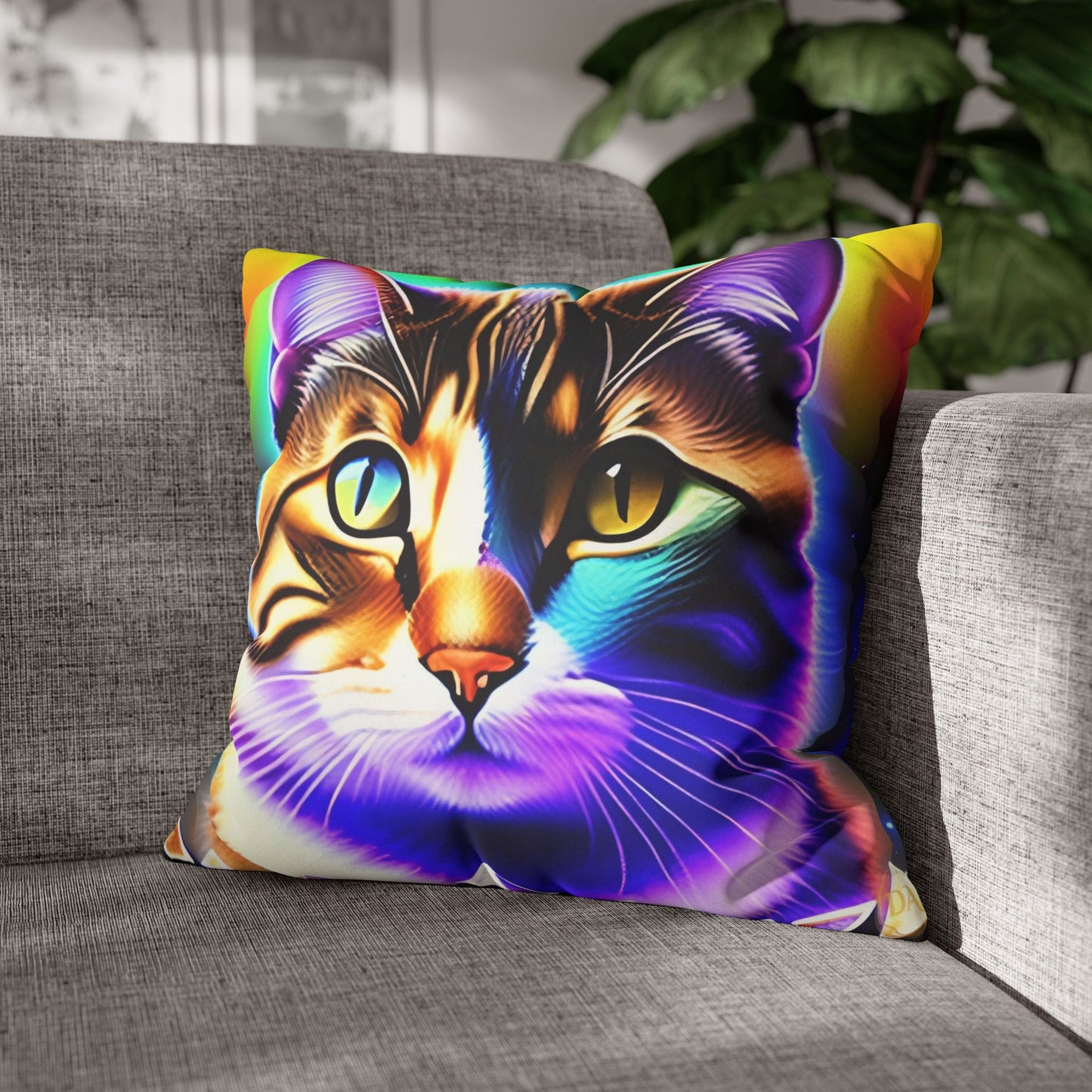 Divine Arts Faux Suede Double-Sided Square Pillow Case - Fantasy Galaxy Space Cat Lover Brown Tabby Cat with Heterochromia Meditating in Rainbow Trance Colors Pillow Cover in Four Sizes
