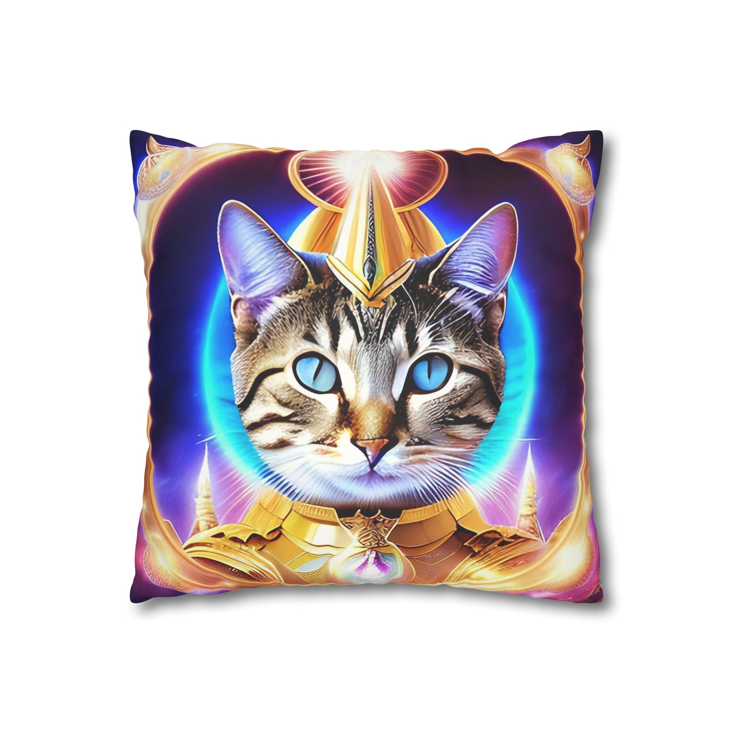 Divine Arts Faux Suede Double-Sided Square Pillow Case - Fantasy Galaxy Space Cat Lover Female Brown Gray Tabby Cat with Blue Eyes in Ornate Golden Armor with Light Blue Maharaic Shied Aura as Realized Merkaba Master Pillow Cover in Four Sizes