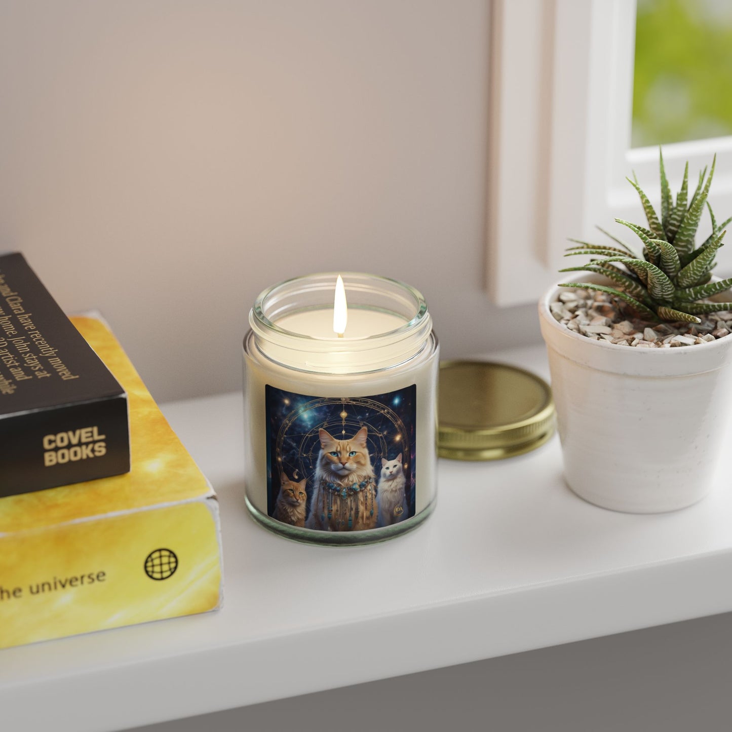 Premium Coconut Apricot Wax Scented Candles, Various Floral & Spice Fragrances (4oz), Spiritual Christmas Holiday Cat Lover Pet Gift, Ginger & White Cats Galaxy Space Fantasy Tribal Art, by Divine Arts