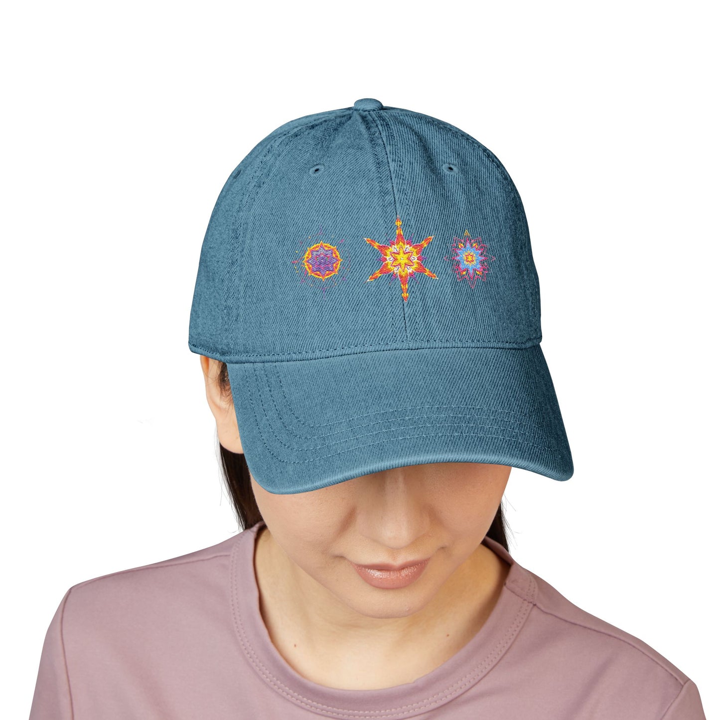 Denim Cap (Embroidery), 100% Cotton, Three Unique Embroidery Merkabas, Neon Galaxy Starry Light, Lotus Jewel Design by Divine Arts