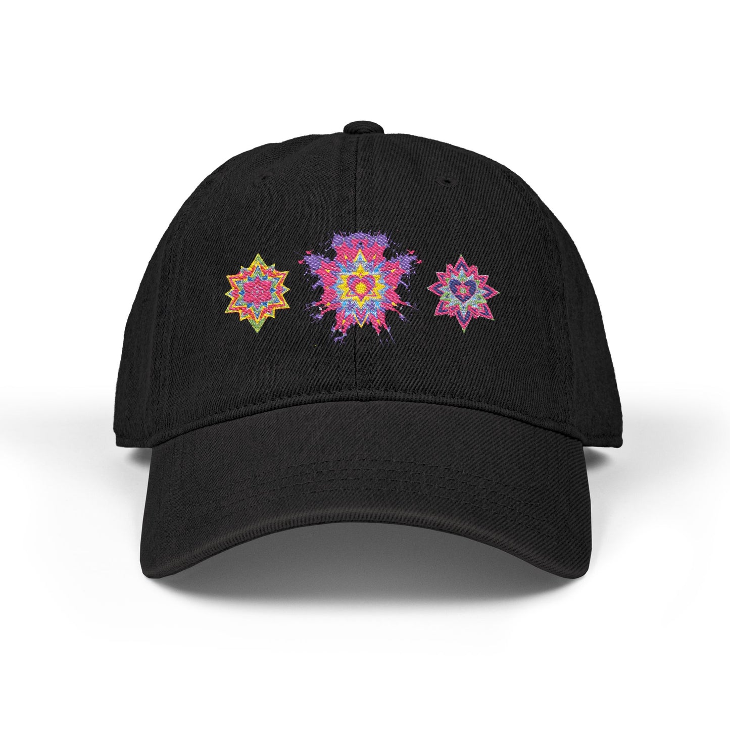Denim Cap (Embroidery), 100% Cotton, Three Unique Embroidery Merkabas, Neon Galaxy Starry Light, Lotus Jewel Design by Divine Arts