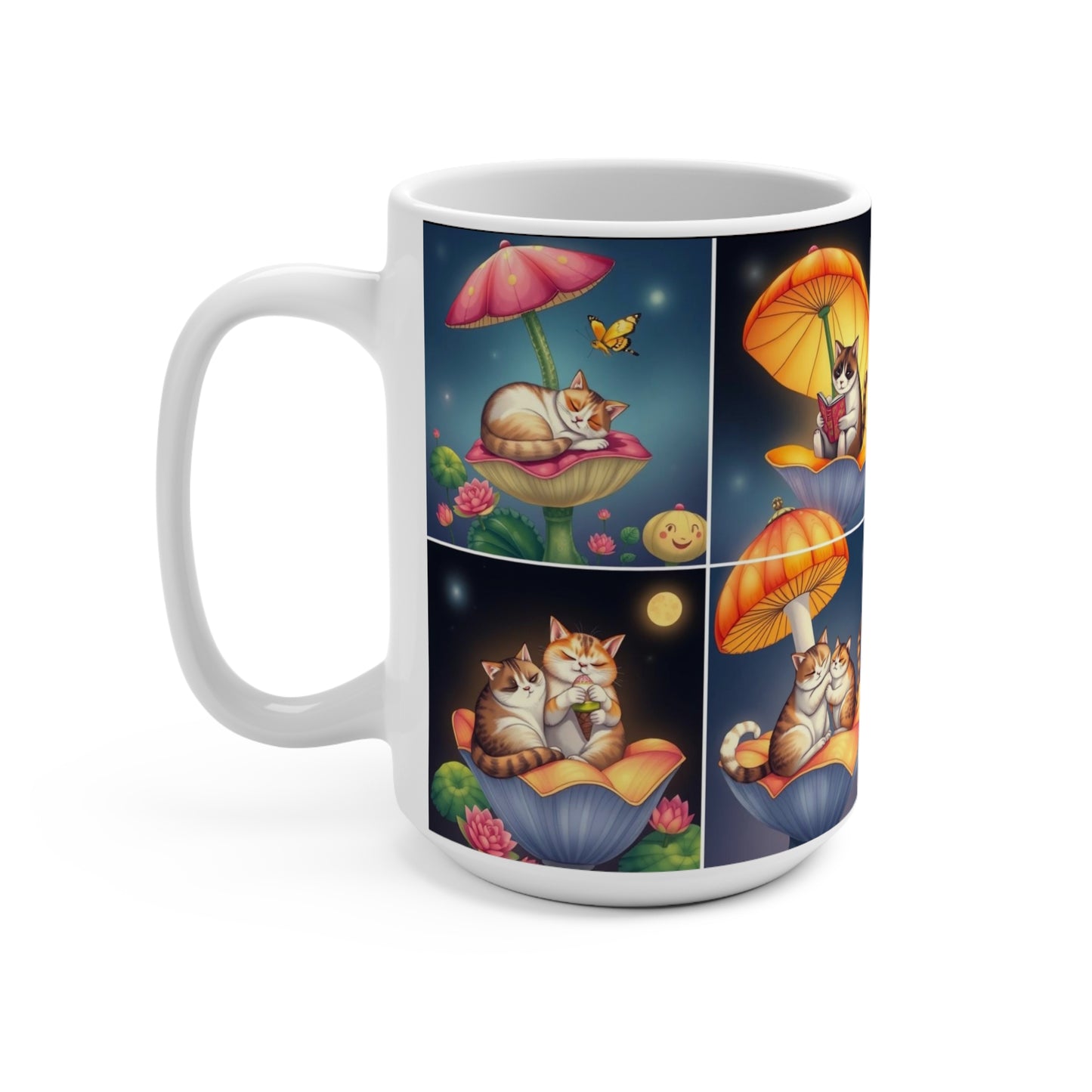 15oz Cat Mug — Whimsical Mushroom Lotus Nature Cats Collage Coffee Cup by Divine Arts