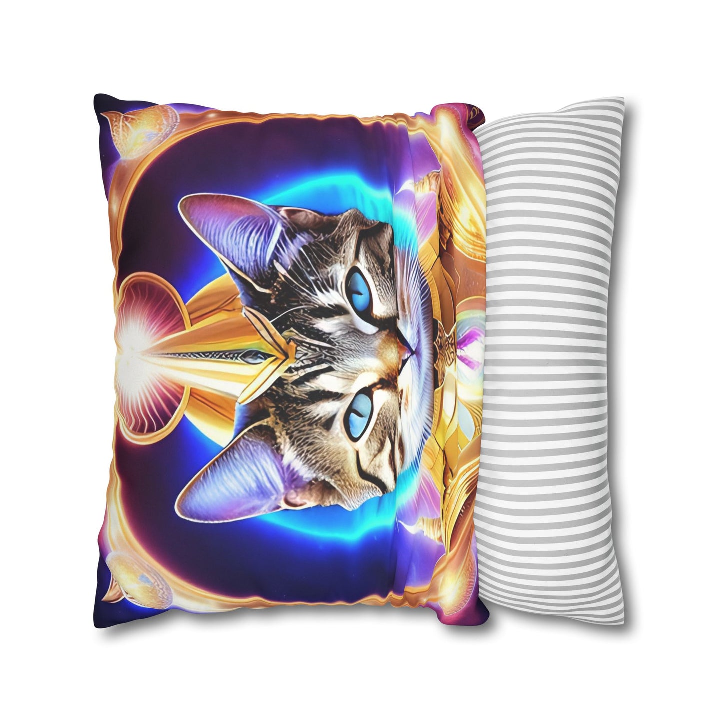 Divine Arts Faux Suede Double-Sided Square Pillow Case - Fantasy Galaxy Space Cat Lover Female Brown Gray Tabby Cat with Blue Eyes in Ornate Golden Armor with Light Blue Maharaic Shied Aura as Realized Merkaba Master Pillow Cover in Four Sizes